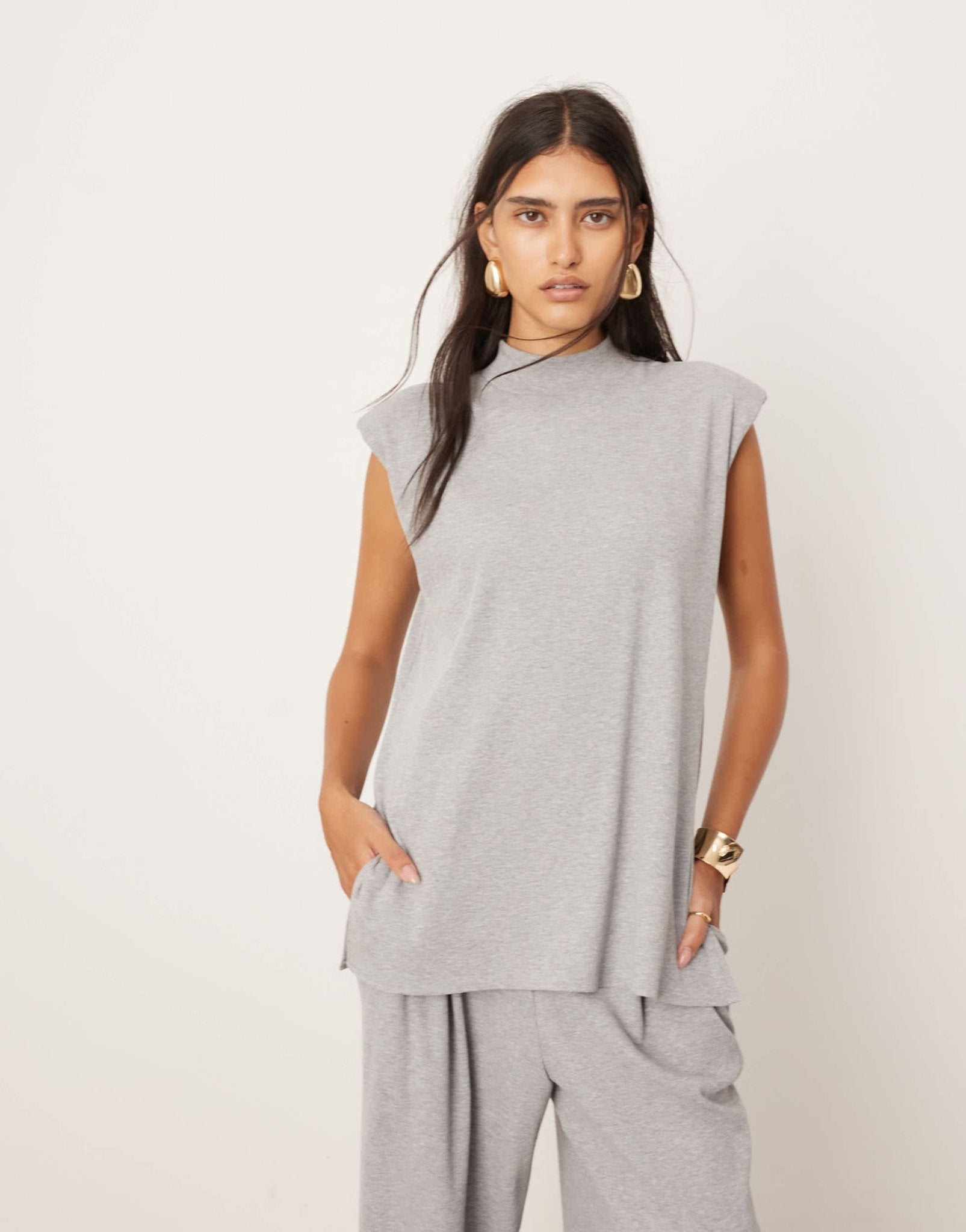 ASOS EDITION jersey rib shoulder pad longline top co - ord in grey - ASOS Sample Sale EU Store