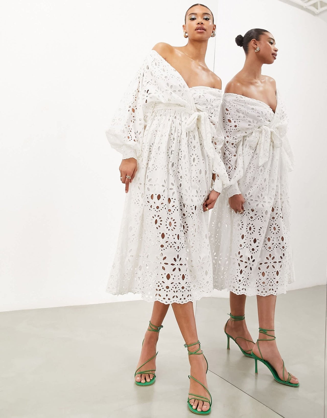 ASOS EDITION off shoulder broderie wrap belted midi dress in white - ASOS Sample Sale EU Store