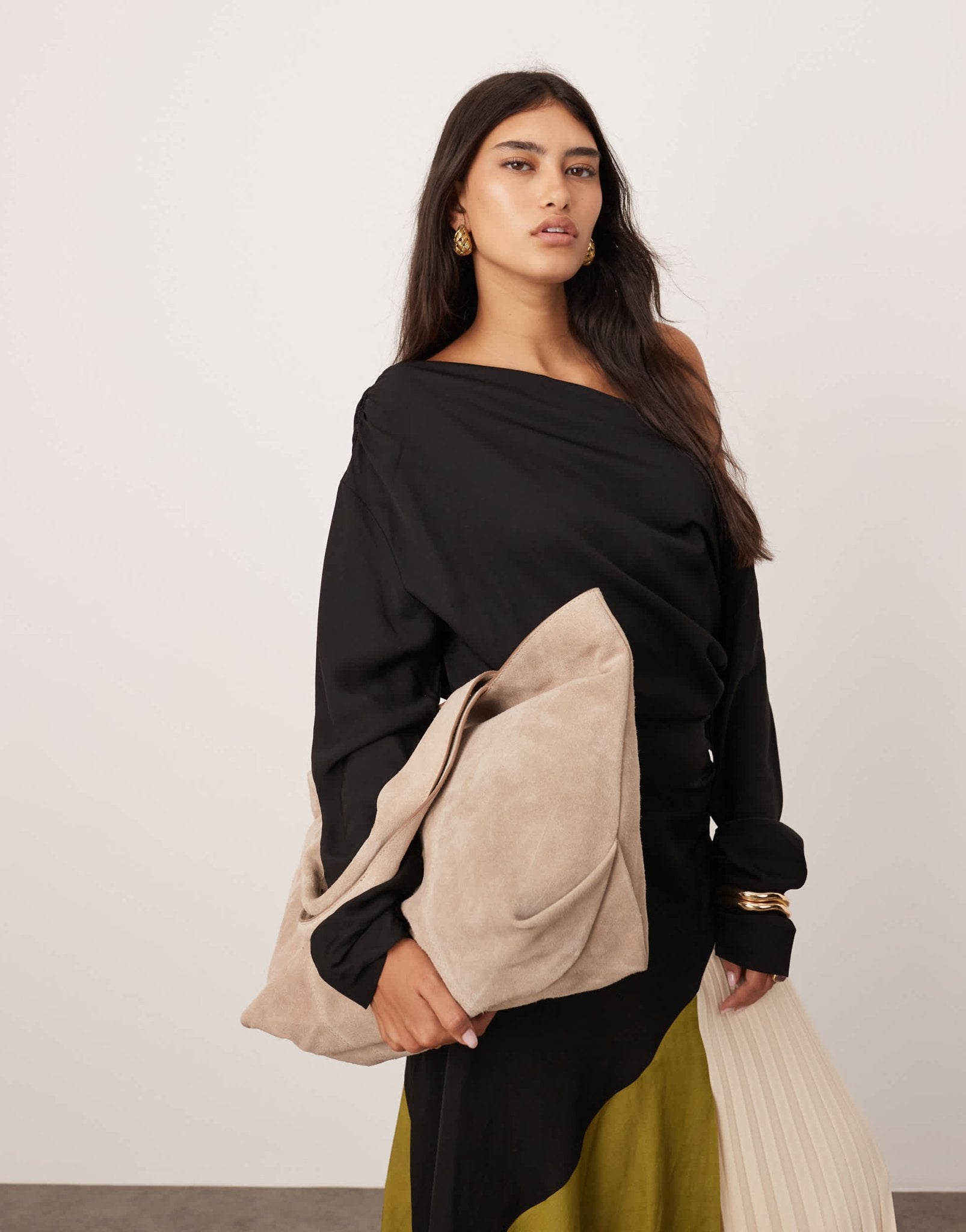 ASOS EDITION off shoulder maxi dress with pleat detail in colour block - ASOS Sample Sale EU Store
