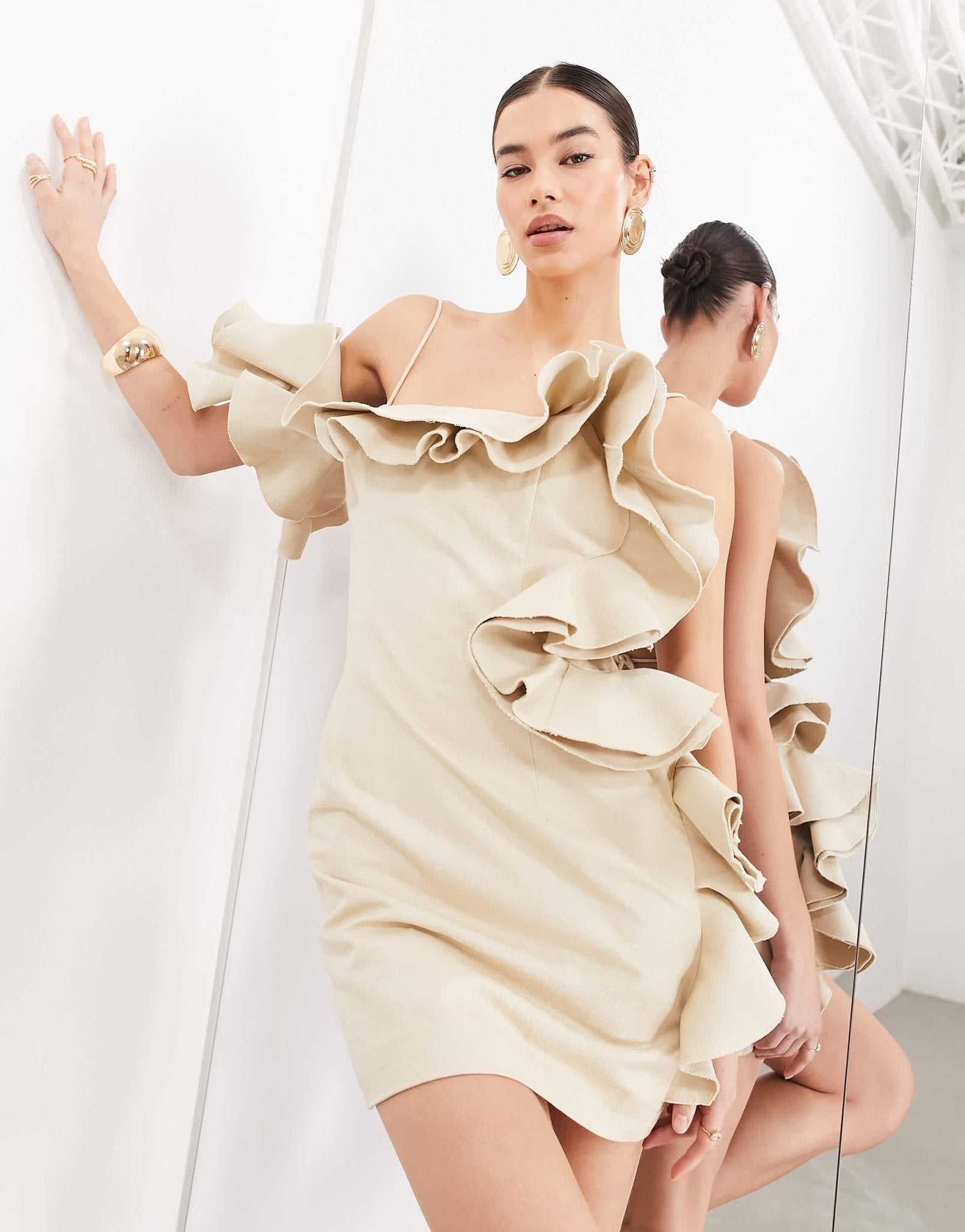 ASOS EDITION premium structured raw edge ruffle bandeau mini dress in taupe - ASOS Sample Sale EU Store