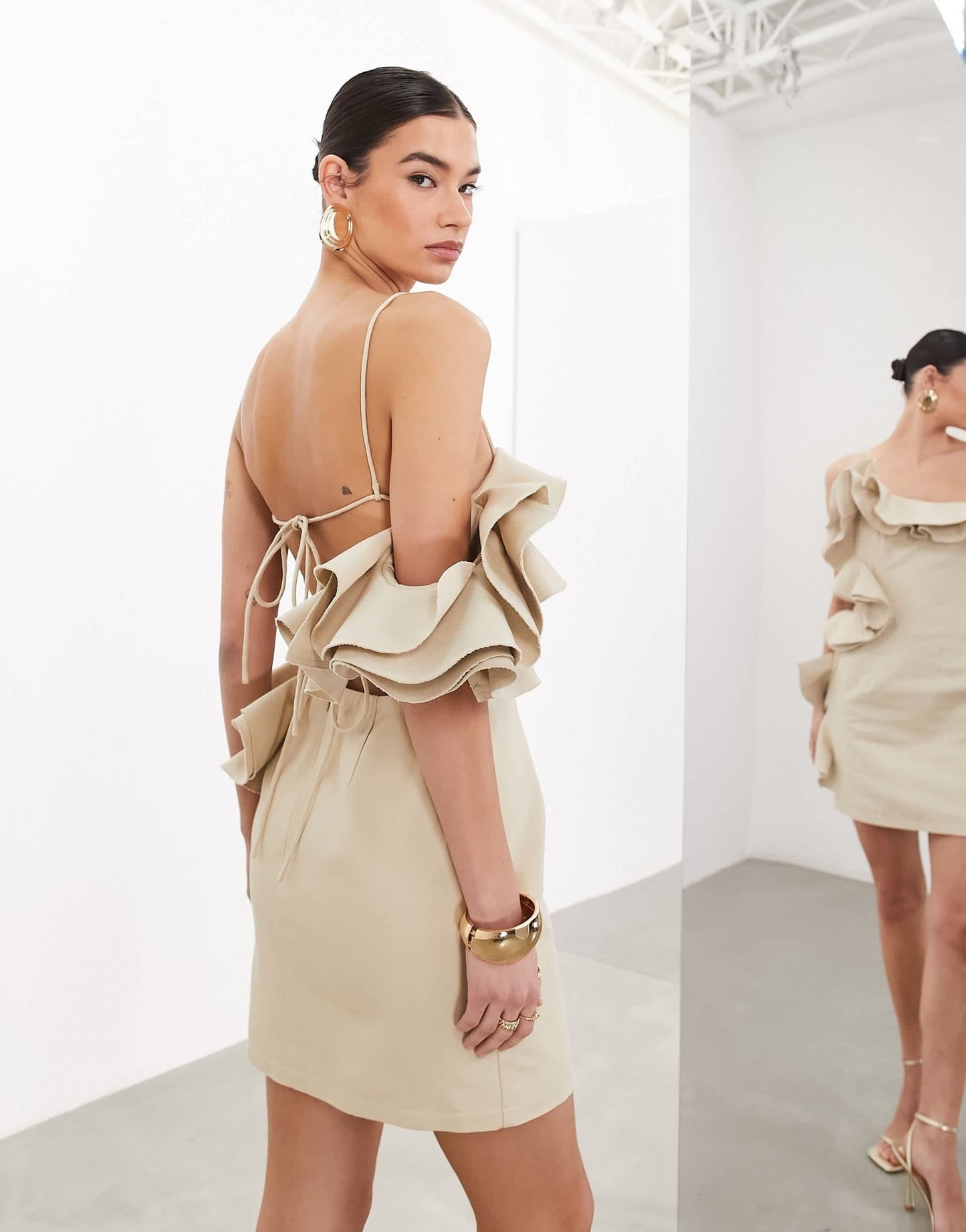 ASOS EDITION premium structured raw edge ruffle bandeau mini dress in taupe - ASOS Sample Sale EU Store
