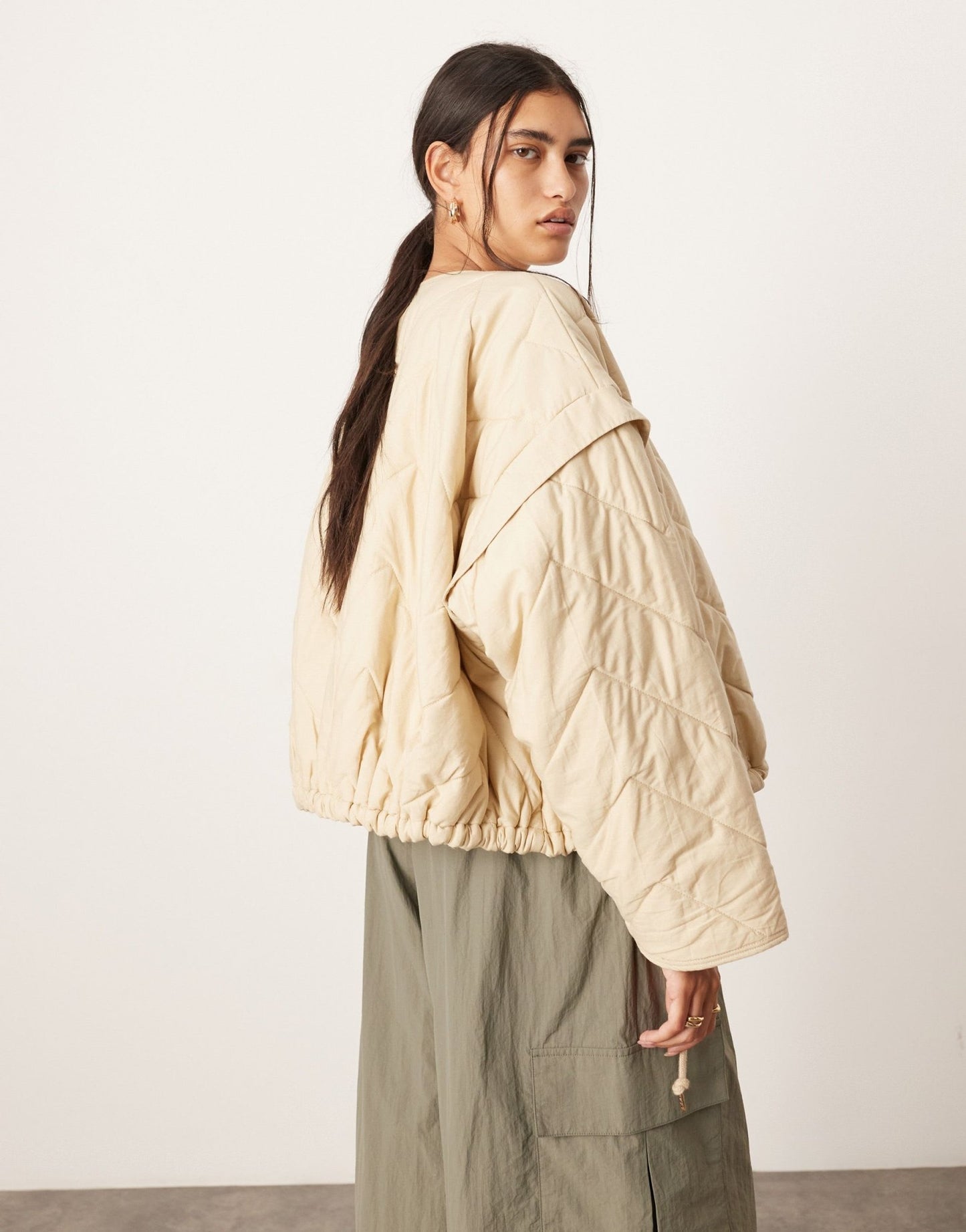 ASOS EDITION quilted bomber shacket with drawstring waist in stone - ASOS Sample Sale EU Store