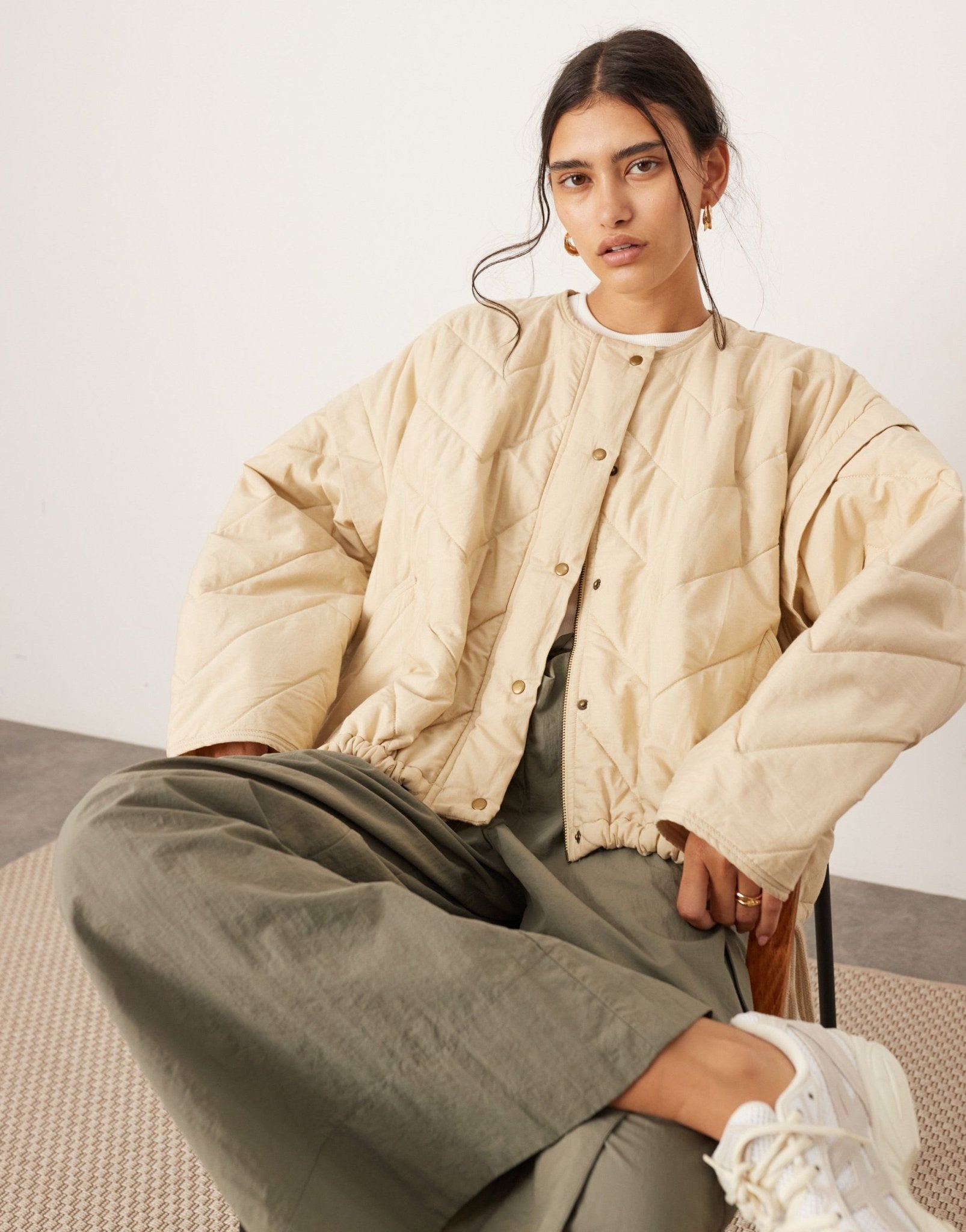 ASOS EDITION quilted bomber shacket with drawstring waist in stone - ASOS Sample Sale EU Store
