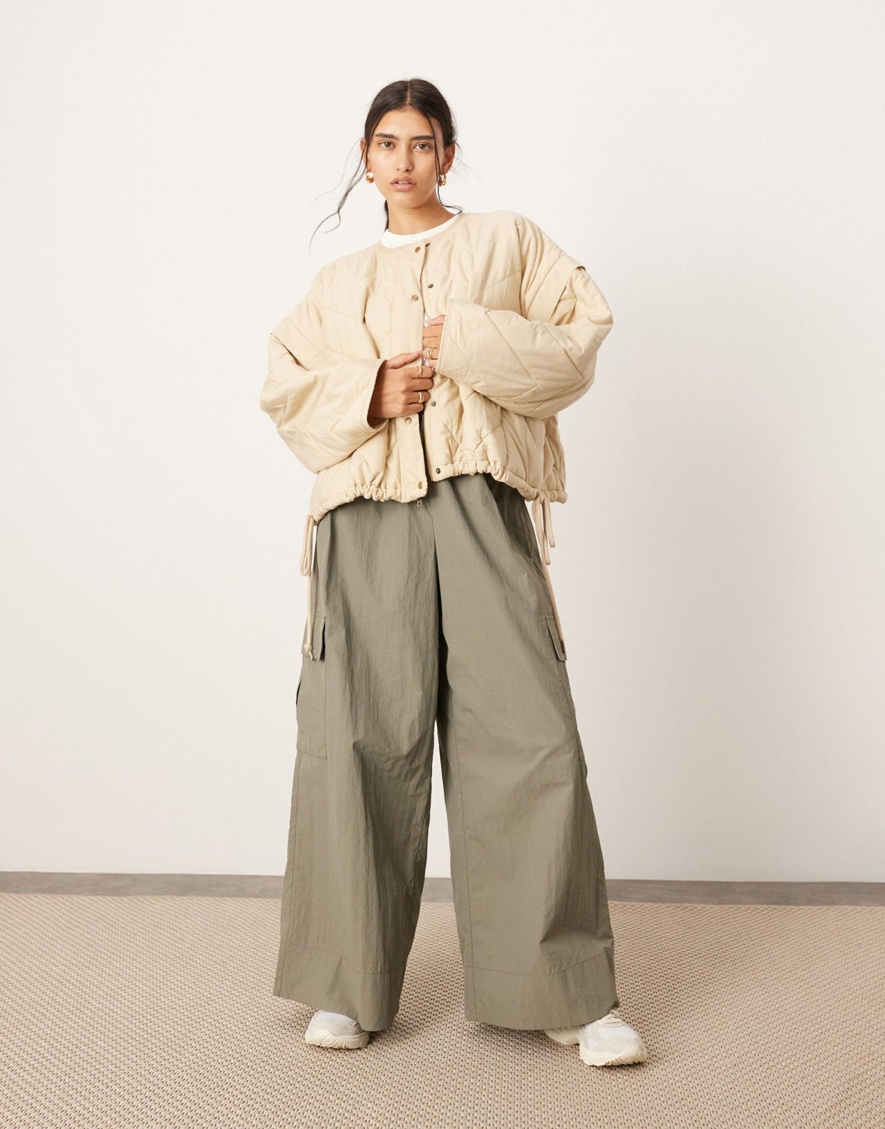 ASOS EDITION quilted bomber shacket with drawstring waist in stone - ASOS Sample Sale EU Store