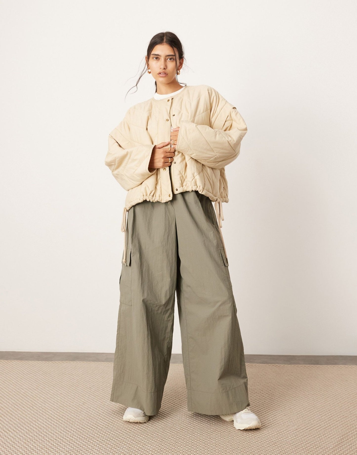 ASOS EDITION quilted bomber shacket with drawstring waist in stone - ASOS Sample Sale EU Store
