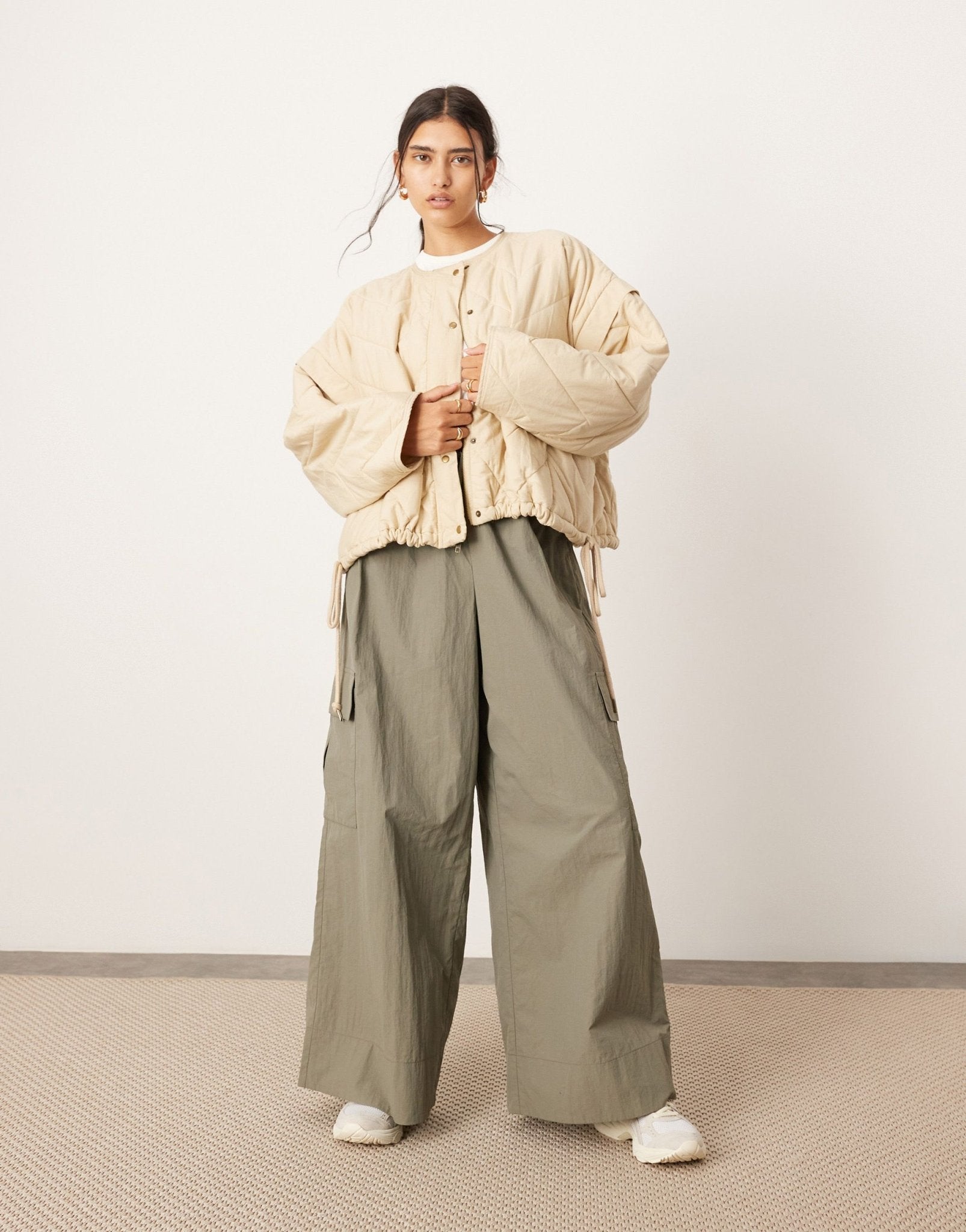 ASOS EDITION quilted bomber shacket with drawstring waist in stone - ASOS Sample Sale EU Store
