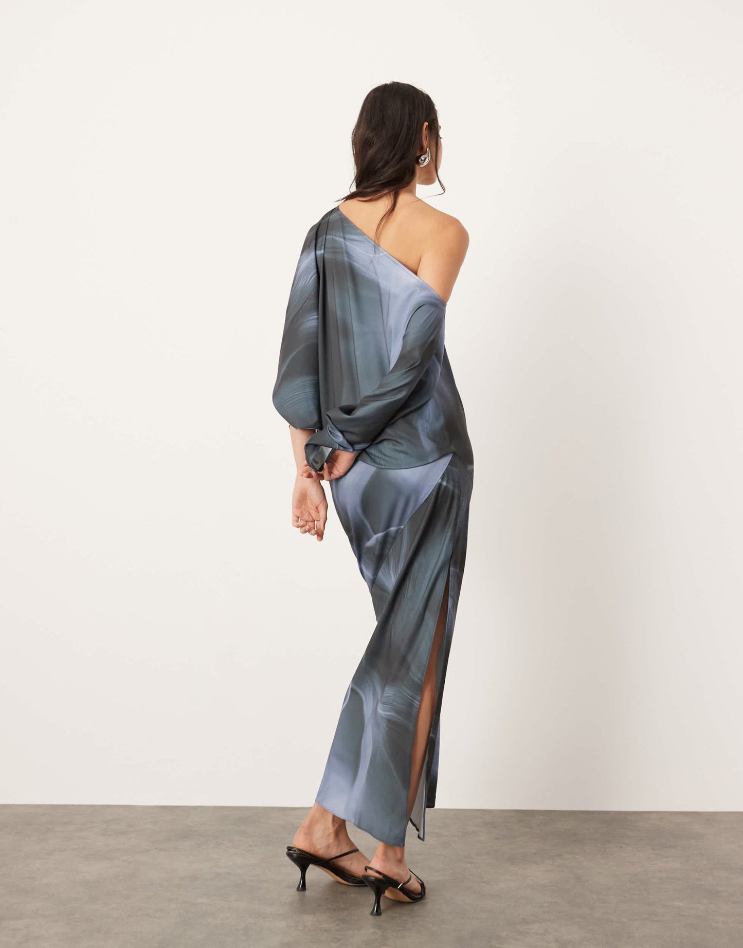 ASOS EDITION satin slouchy off shoulder maxi dress in grey abstract print - ASOS Sample Sale EU Store