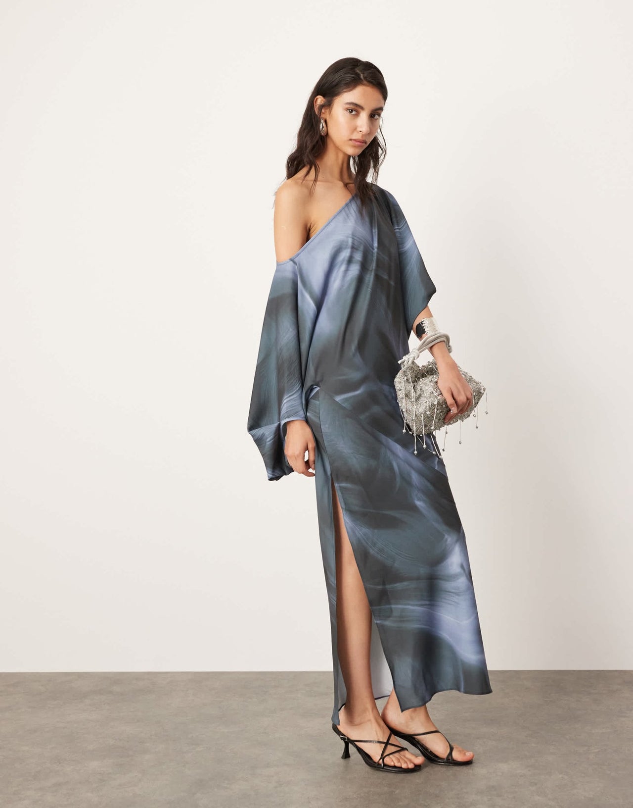 ASOS EDITION satin slouchy off shoulder maxi dress in grey abstract print - ASOS Sample Sale EU Store