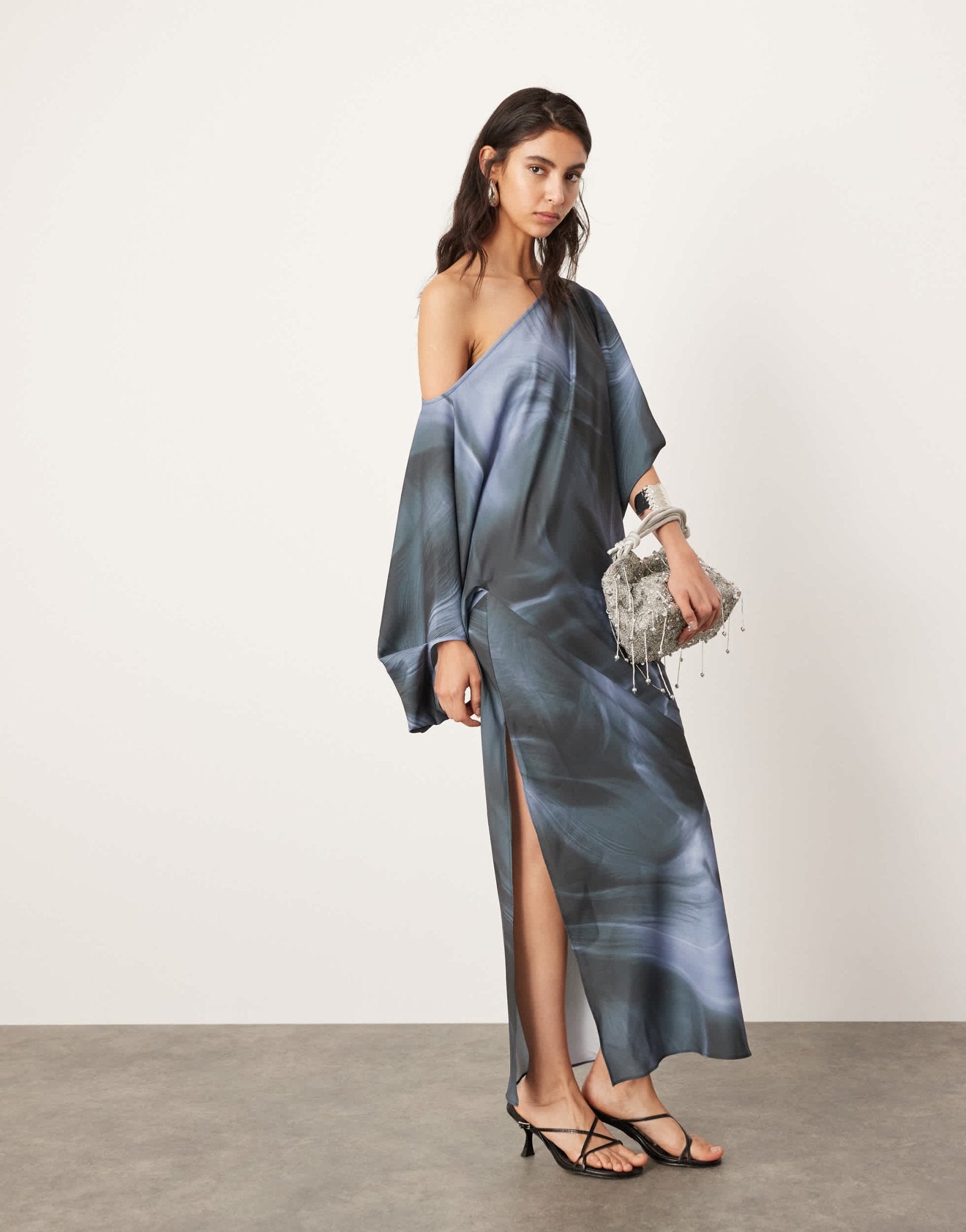 ASOS EDITION satin slouchy off shoulder maxi dress in grey abstract print - ASOS Sample Sale EU Store