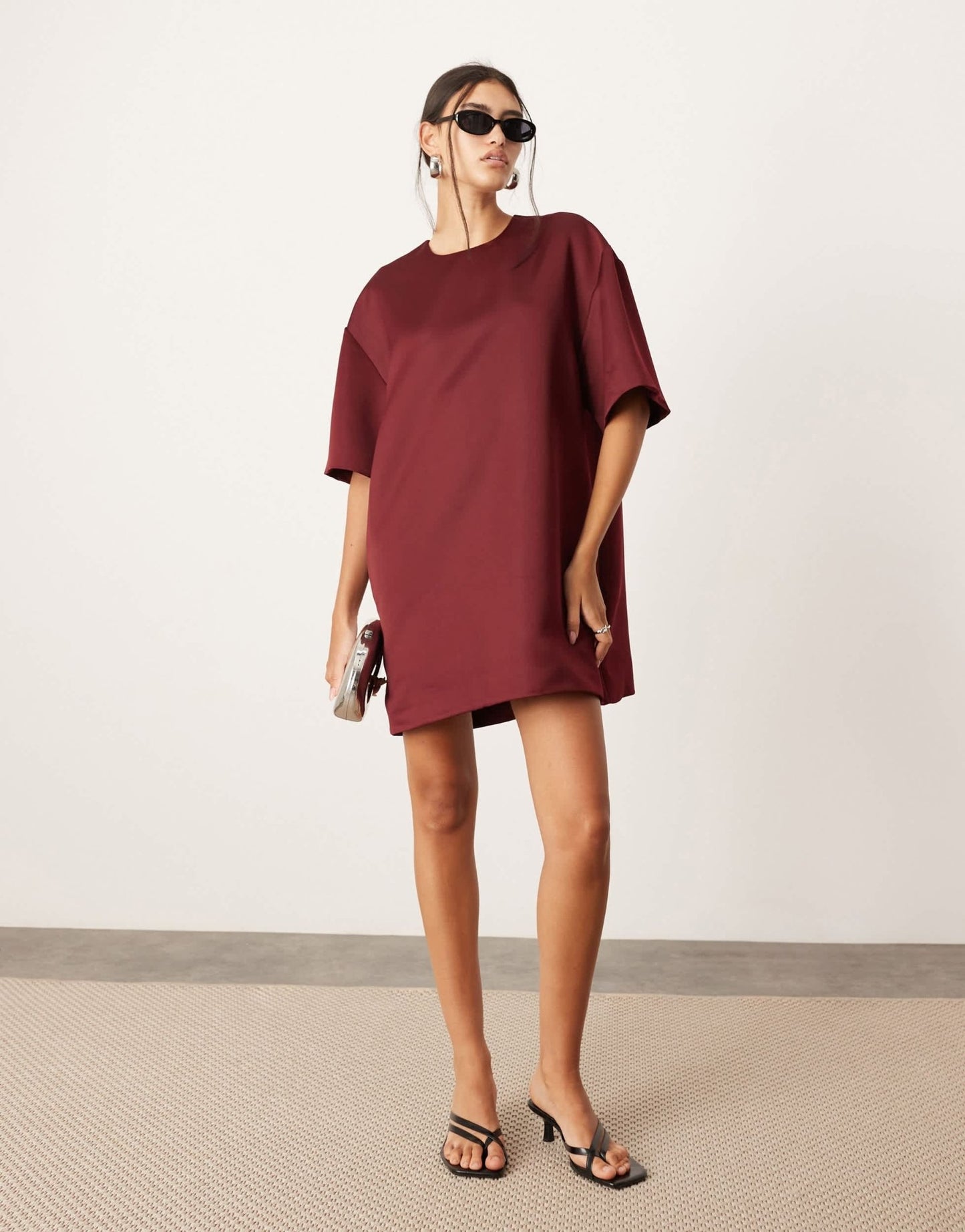 ASOS EDITION satin structured boxy t-shirt mini dress with pockets in burgundy - ASOS Sample Sale EU Store