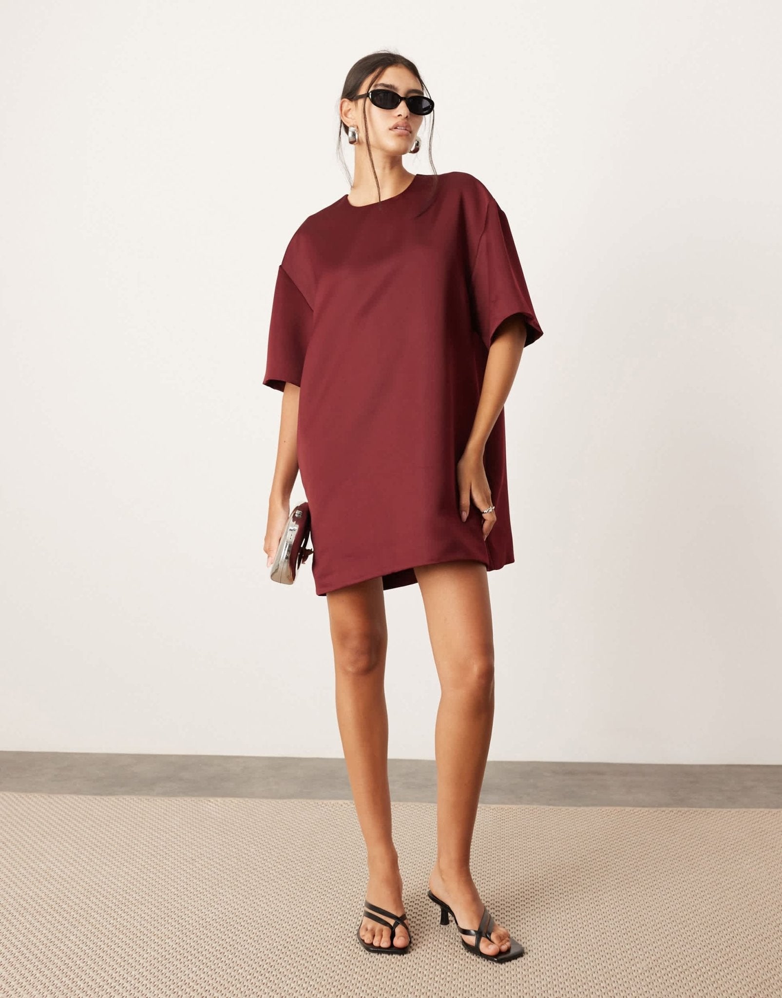 ASOS EDITION satin structured boxy t-shirt mini dress with pockets in burgundy - ASOS Sample Sale EU Store
