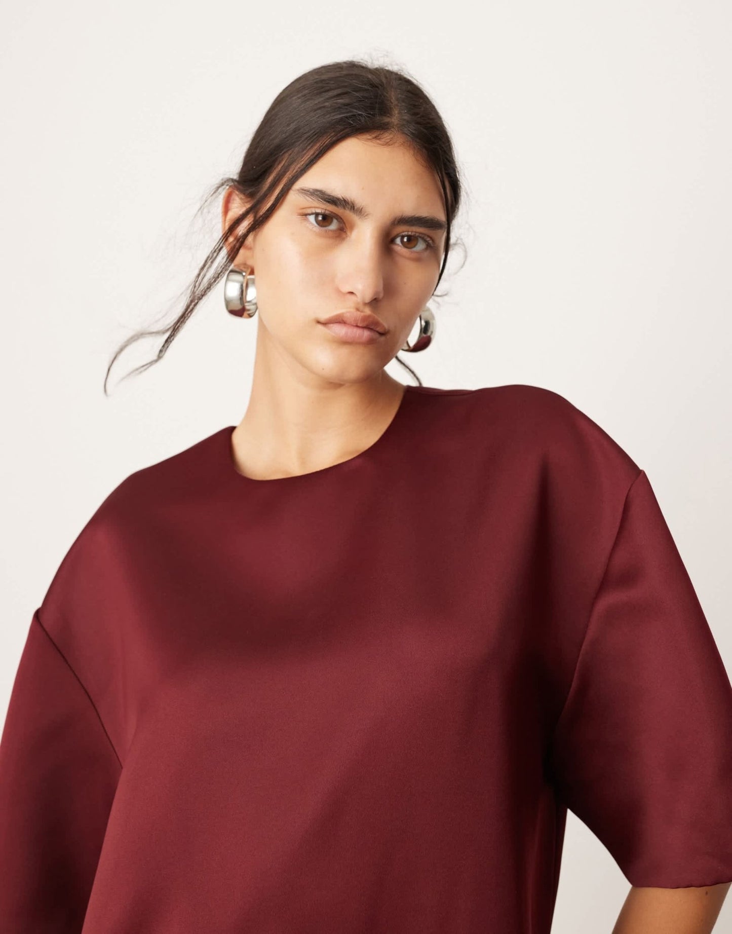 ASOS EDITION satin structured boxy t-shirt mini dress with pockets in burgundy - ASOS Sample Sale EU Store