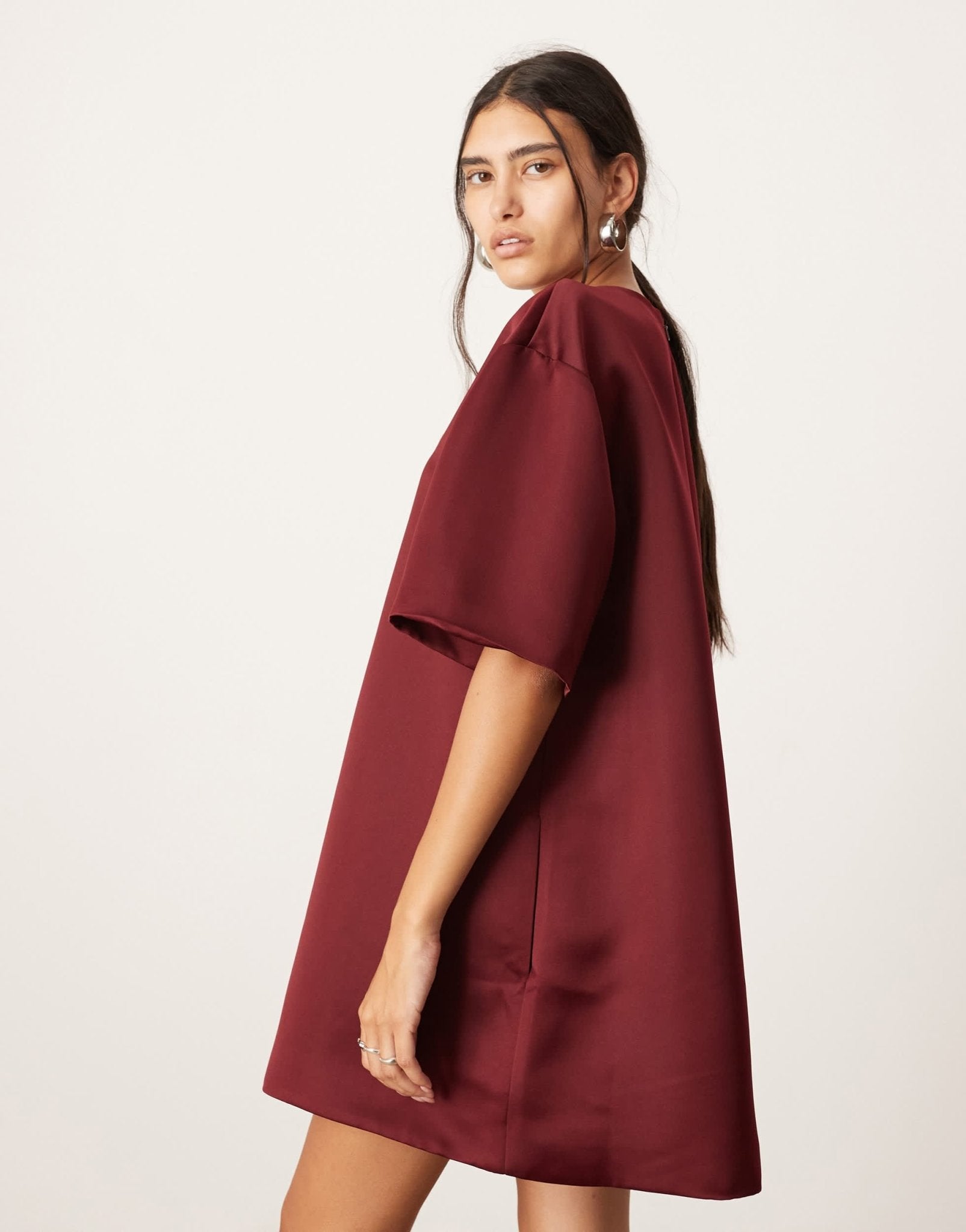ASOS EDITION satin structured boxy t-shirt mini dress with pockets in burgundy - ASOS Sample Sale EU Store