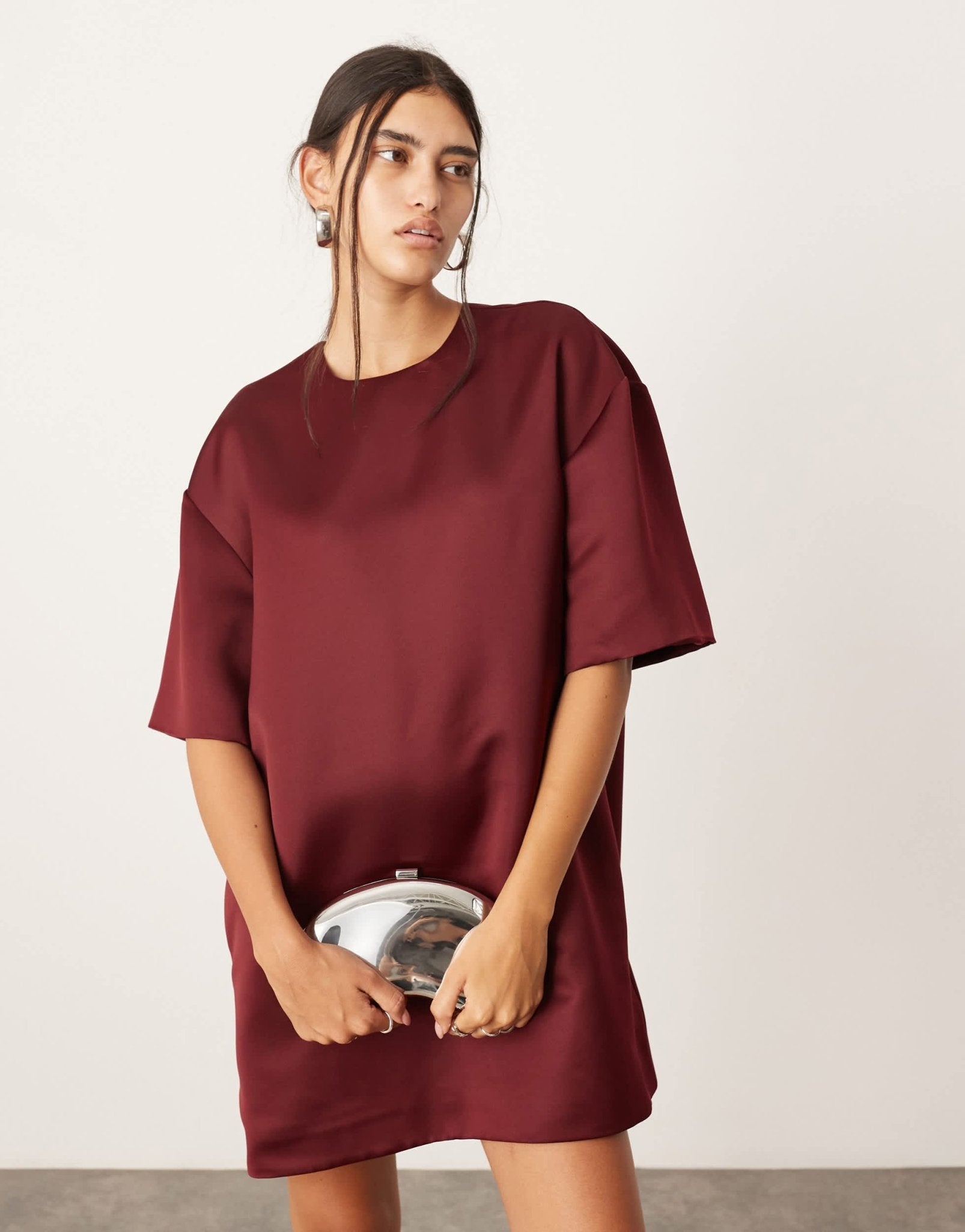 ASOS EDITION satin structured boxy t-shirt mini dress with pockets in burgundy - ASOS Sample Sale EU Store