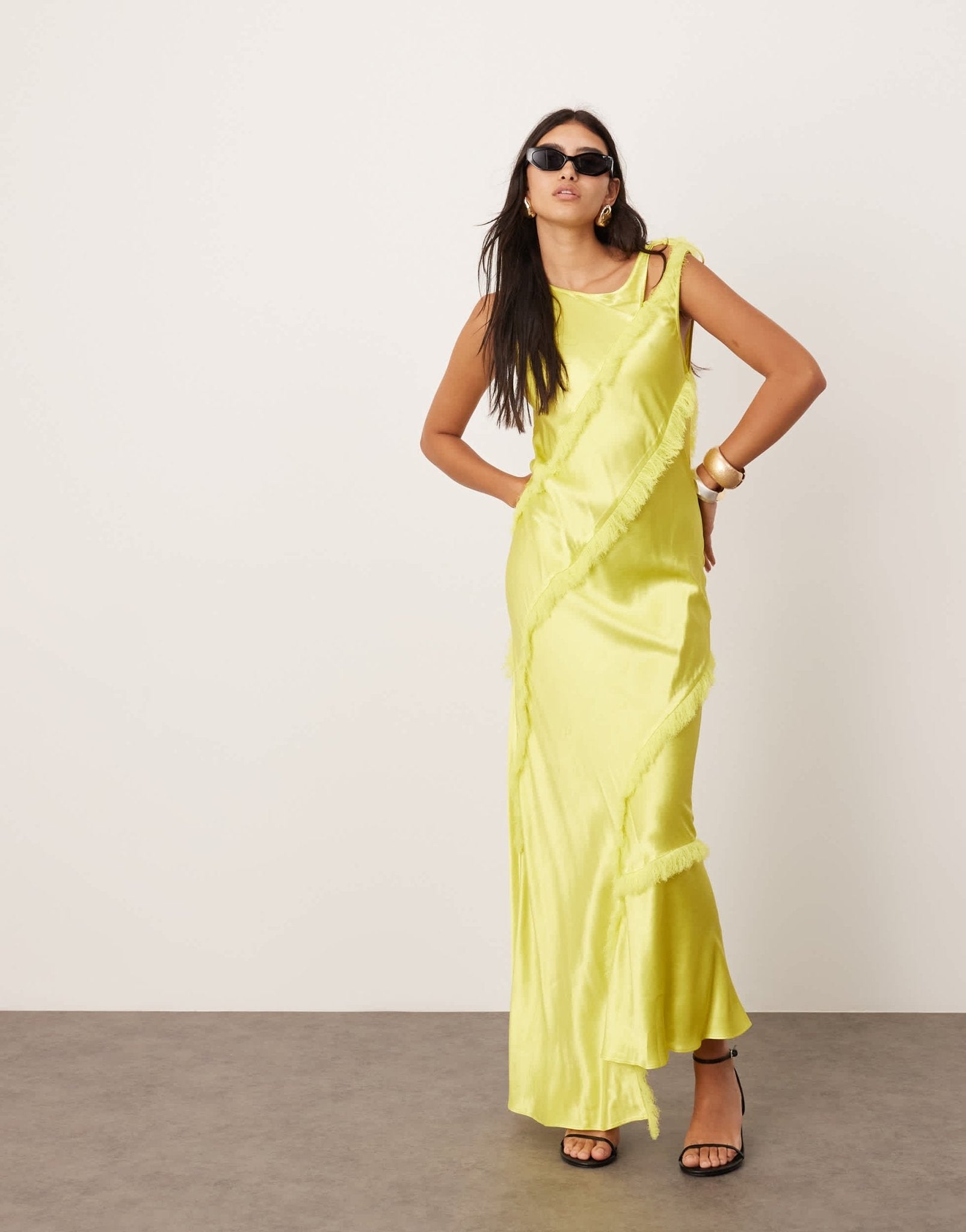 ASOS EDITION sleeveless satin asymmetric detail maxi dress with fringing in lime green - ASOS Sample Sale EU Store