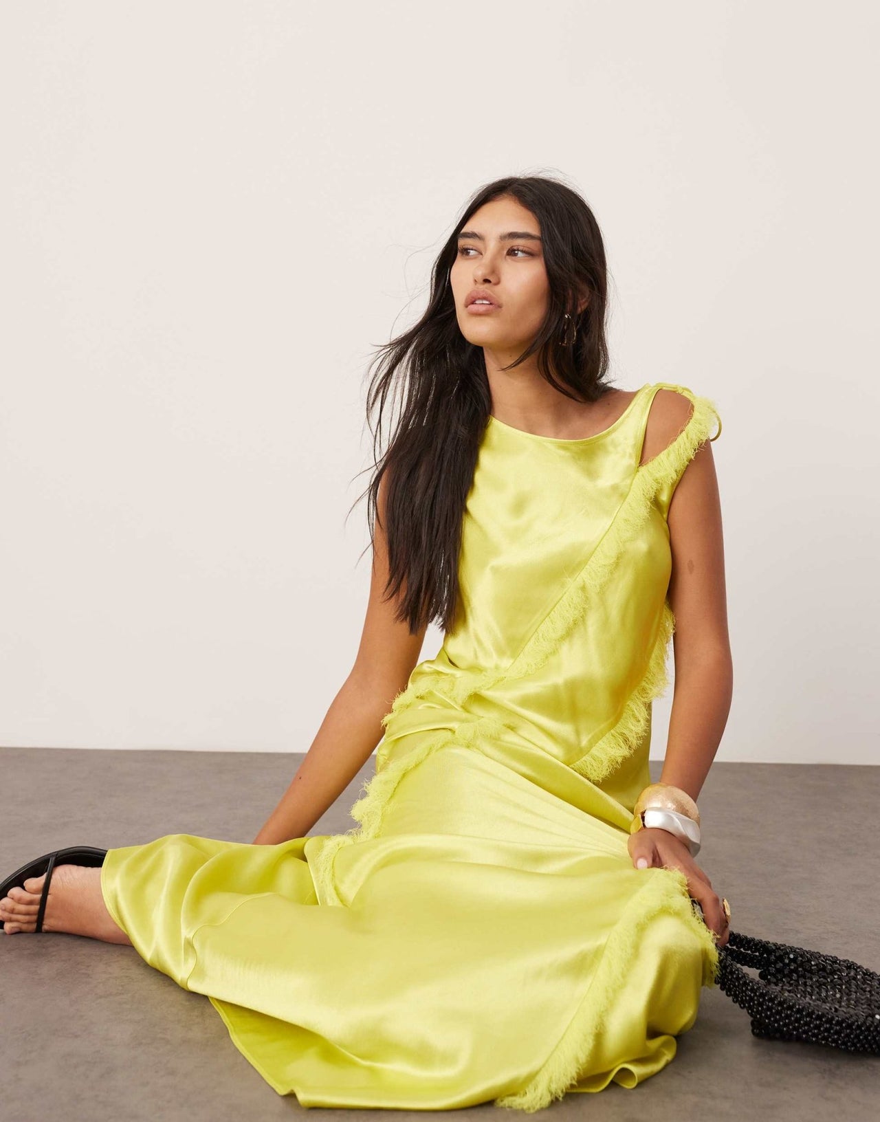 ASOS EDITION sleeveless satin asymmetric detail maxi dress with fringing in lime green - ASOS Sample Sale EU Store