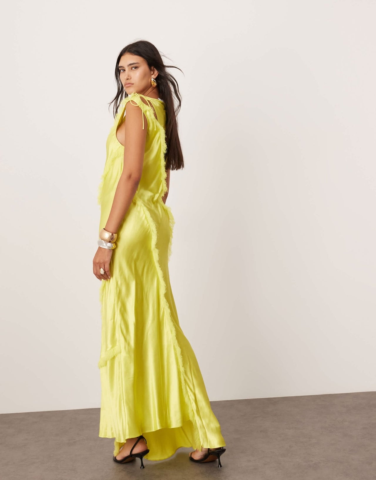 ASOS EDITION sleeveless satin asymmetric detail maxi dress with fringing in lime green - ASOS Sample Sale EU Store