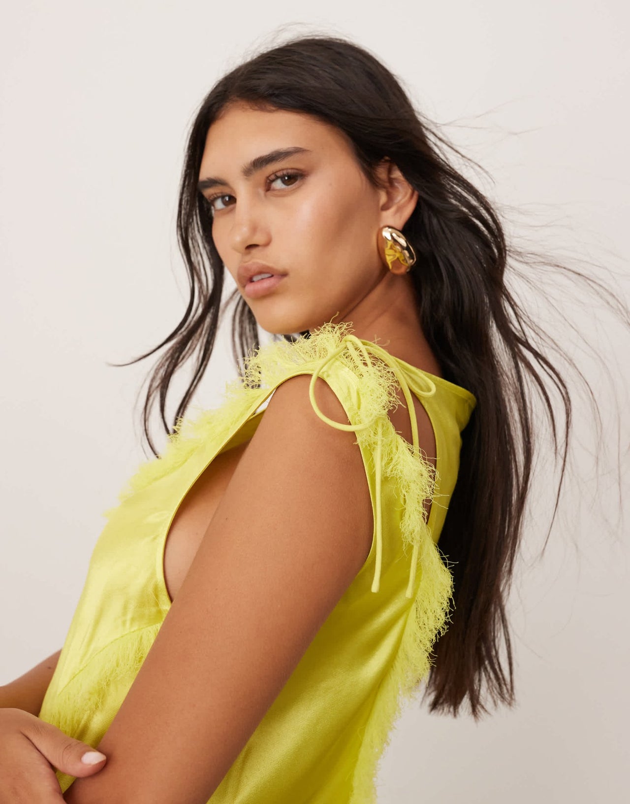 ASOS EDITION sleeveless satin asymmetric detail maxi dress with fringing in lime green - ASOS Sample Sale EU Store