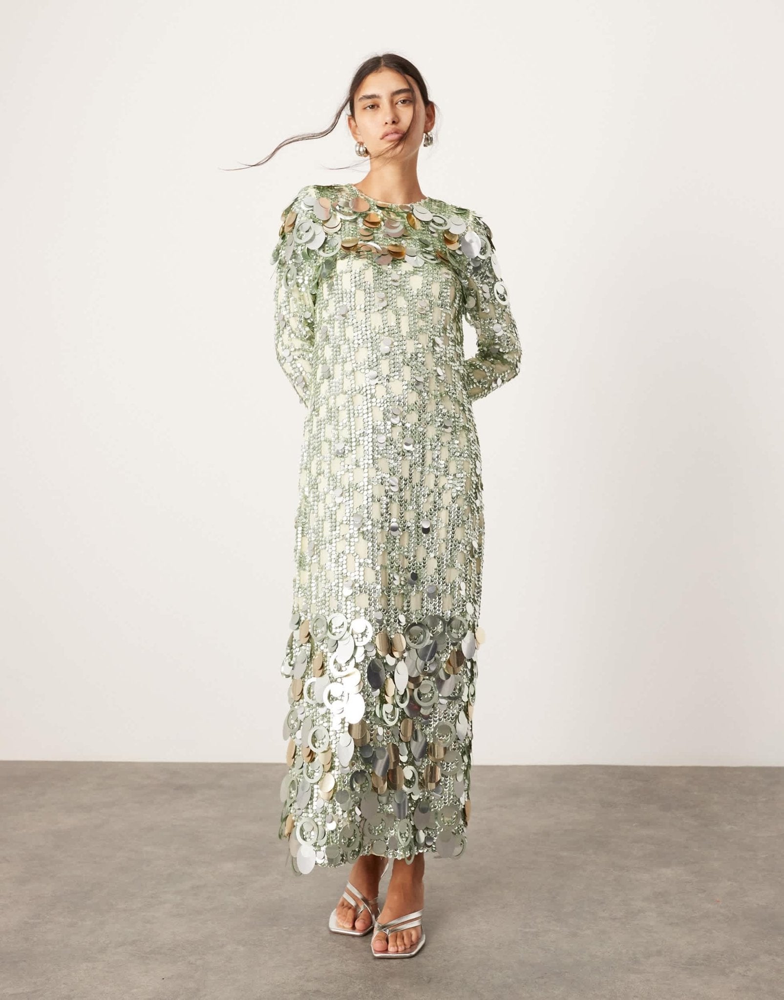 ASOS EDITION stacked multi sequin long sleeve column midaxi dress in green - ASOS Sample Sale EU Store