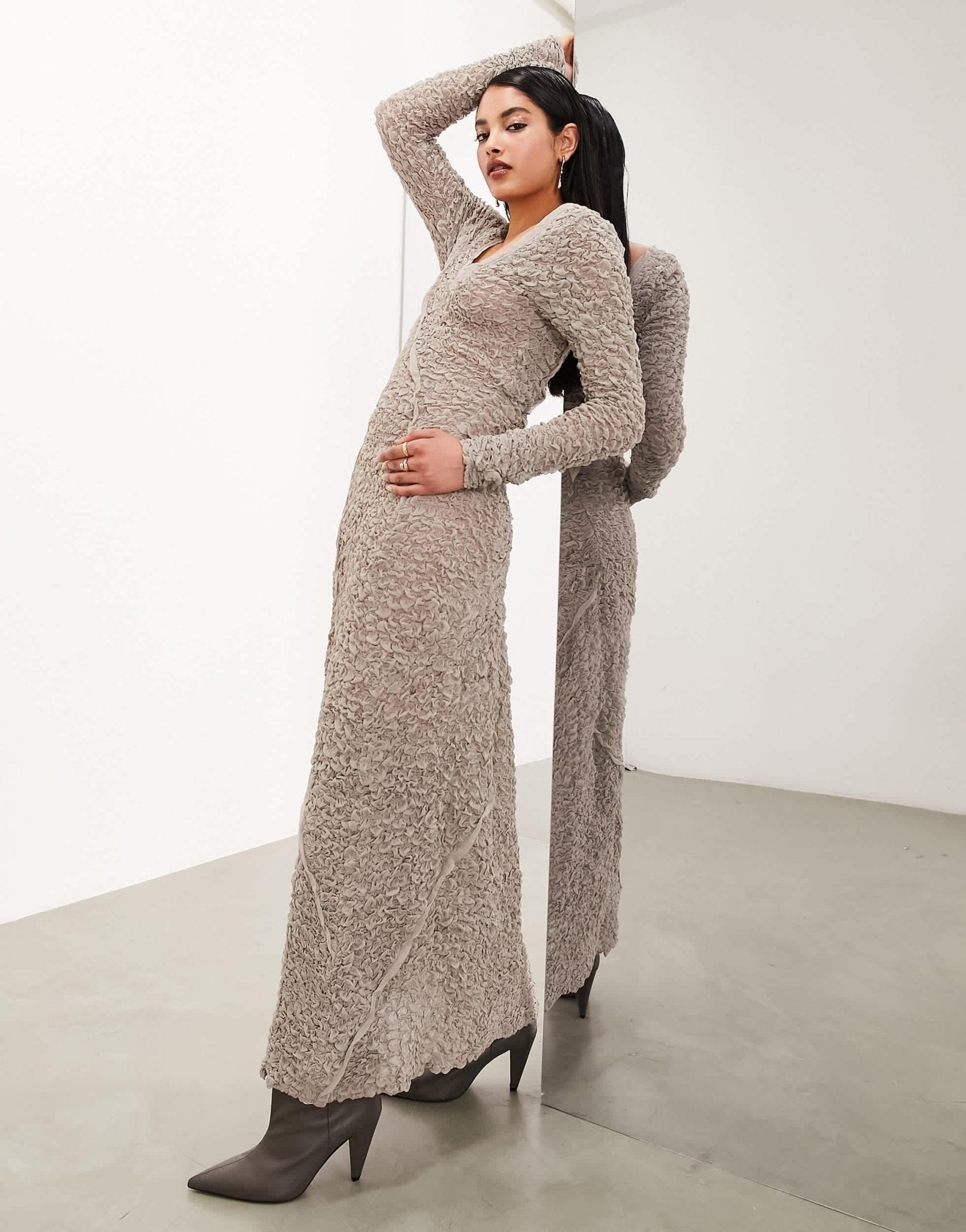 ASOS EDITION textured crinkle scoop neck maxi dress with seam detail in oatmeal - ASOS Sample Sale EU Store