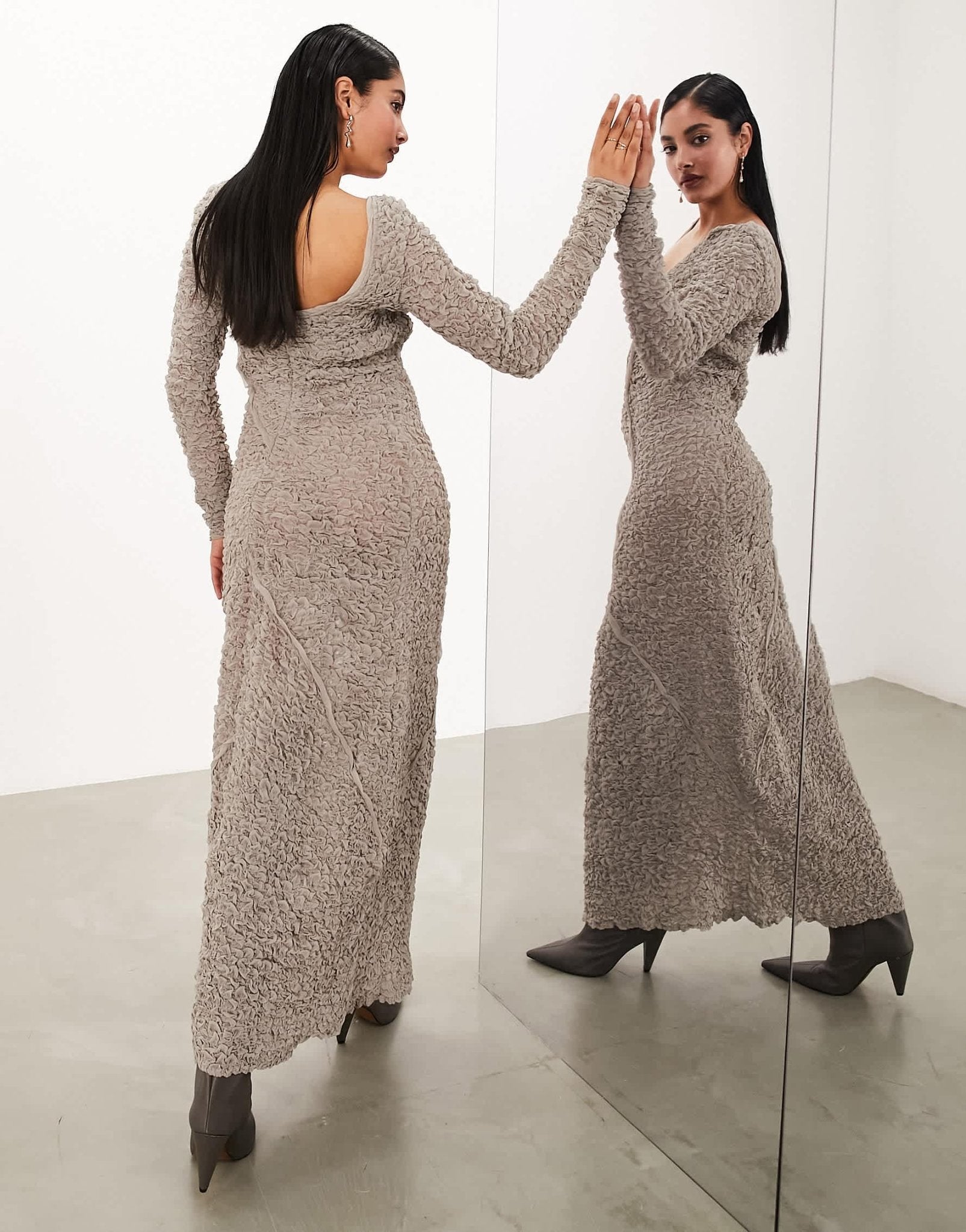 ASOS EDITION textured crinkle scoop neck maxi dress with seam detail in oatmeal - ASOS Sample Sale EU Store