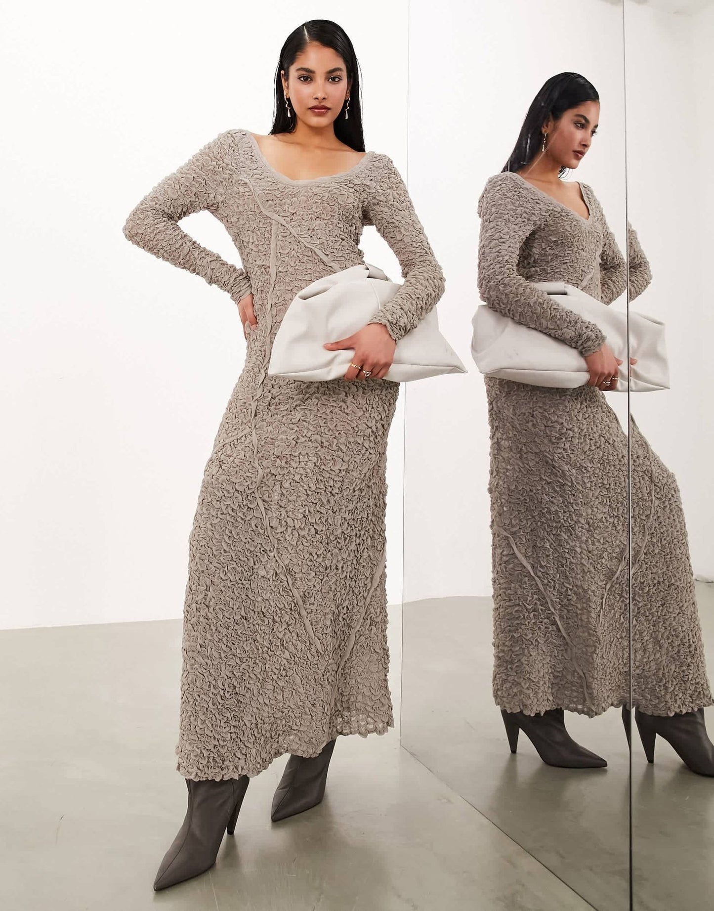 ASOS EDITION textured crinkle scoop neck maxi dress with seam detail in oatmeal - ASOS Sample Sale EU Store