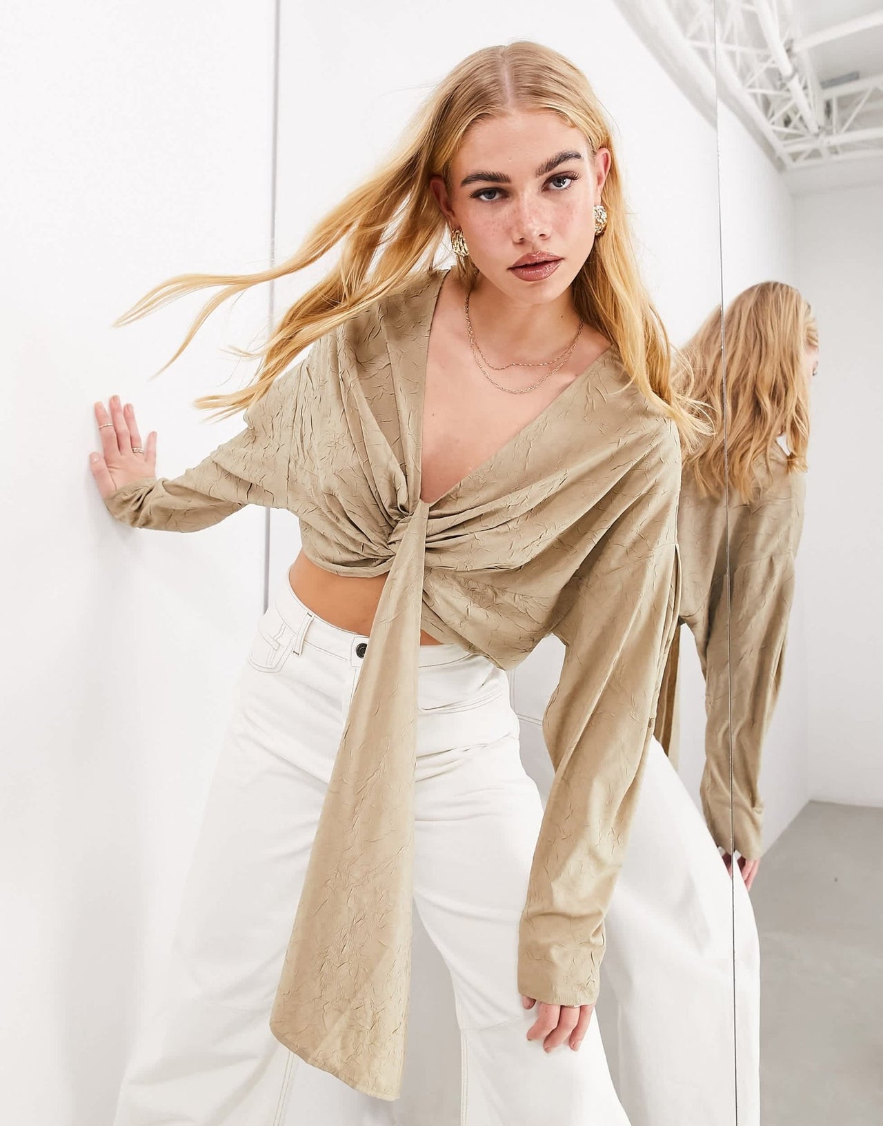 ASOS EDITION textured effect long sleeve drape front cropped blouse in taupe - ASOS Sample Sale EU Store