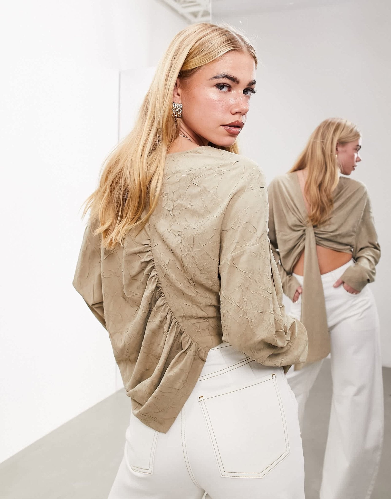 ASOS EDITION textured effect long sleeve drape front cropped blouse in taupe - ASOS Sample Sale EU Store