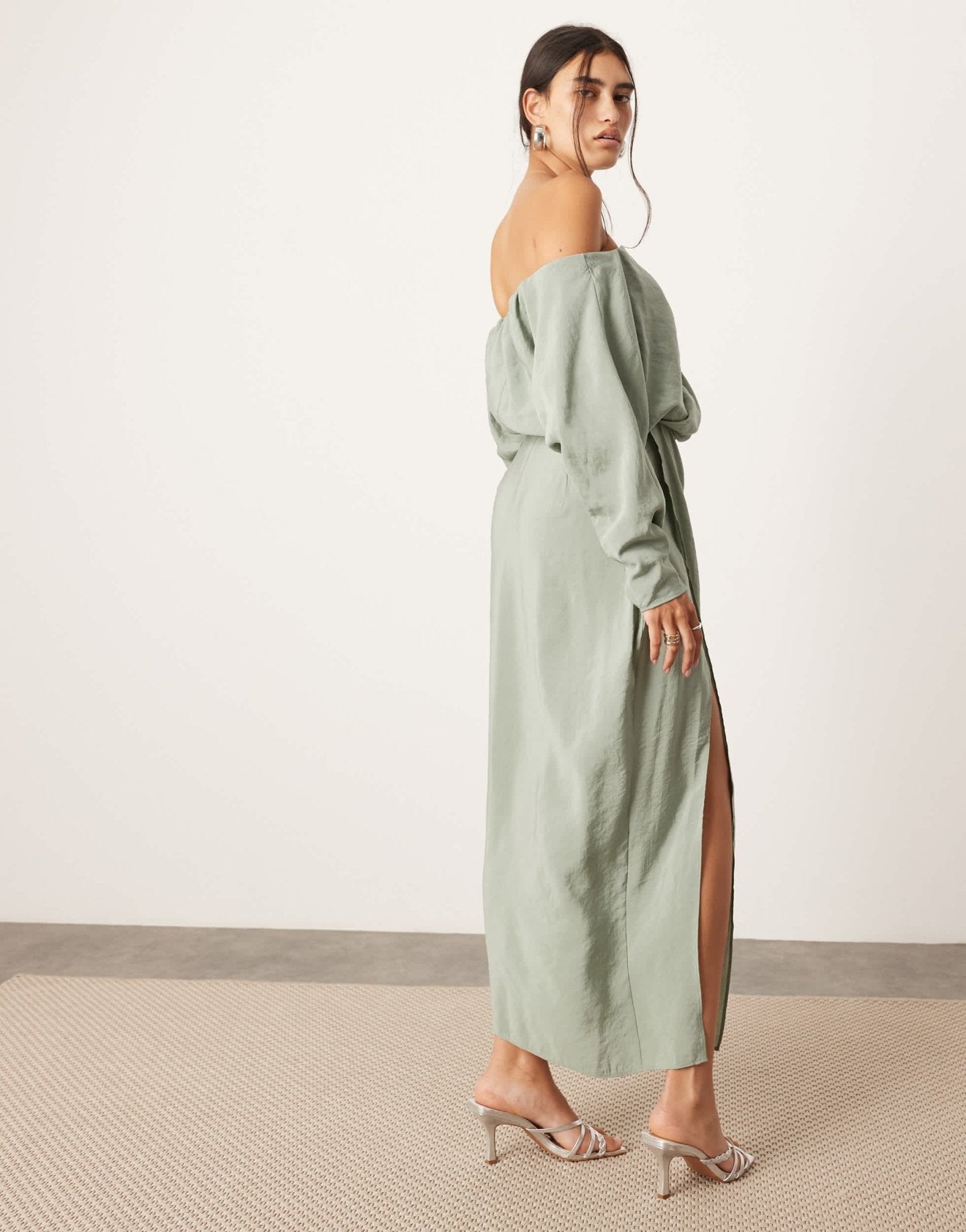 ASOS EDITION twist off shoulder midi dress with cut out detail in sage green - ASOS Sample Sale EU Store
