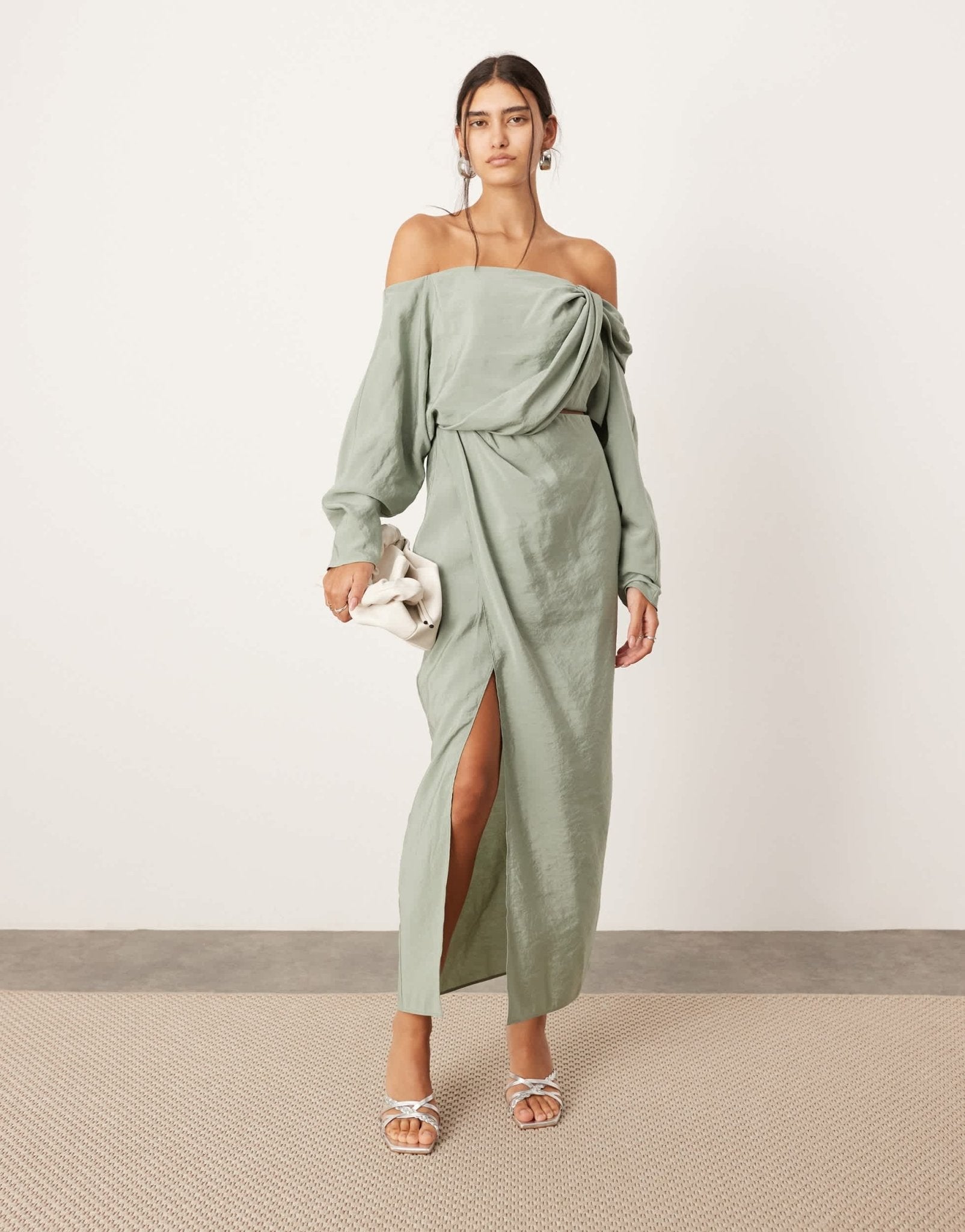 ASOS EDITION twist off shoulder midi dress with cut out detail in sage green - ASOS Sample Sale EU Store