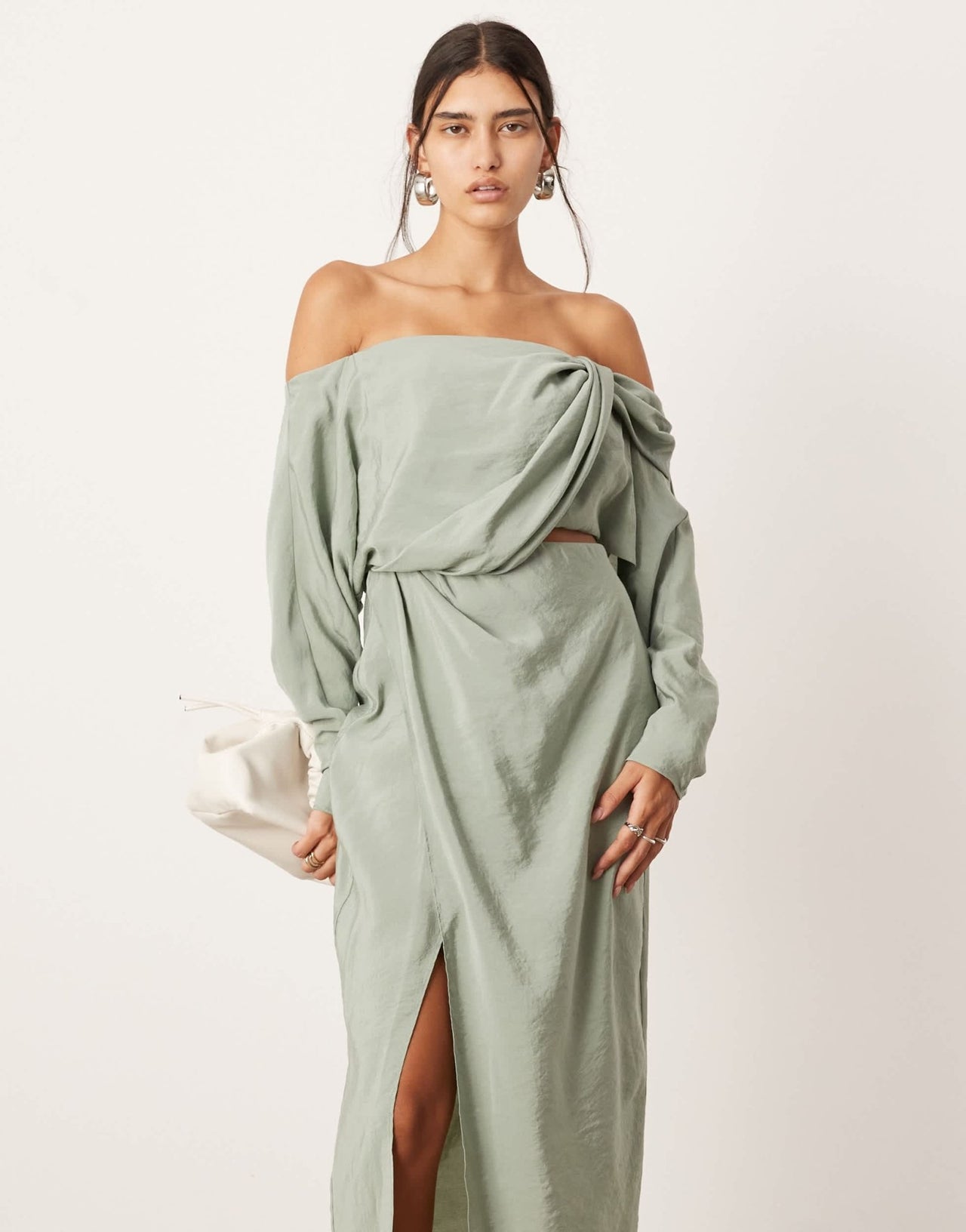 ASOS EDITION twist off shoulder midi dress with cut out detail in sage green - ASOS Sample Sale EU Store