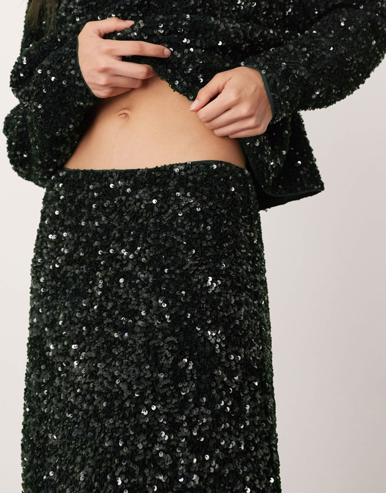 ASOS EDITION velvet allover sequin asymmetric hem skirt co - ord in dark green - ASOS Sample Sale EU Store