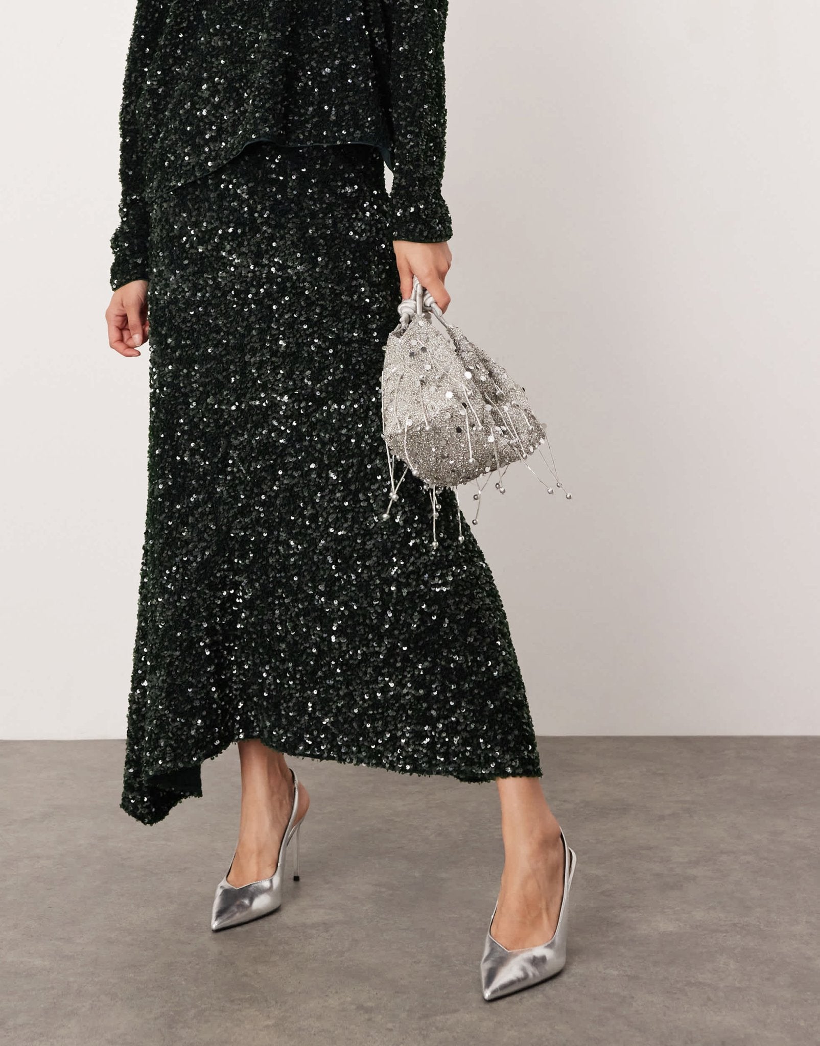 ASOS EDITION velvet allover sequin asymmetric hem skirt co - ord in dark green - ASOS Sample Sale EU Store