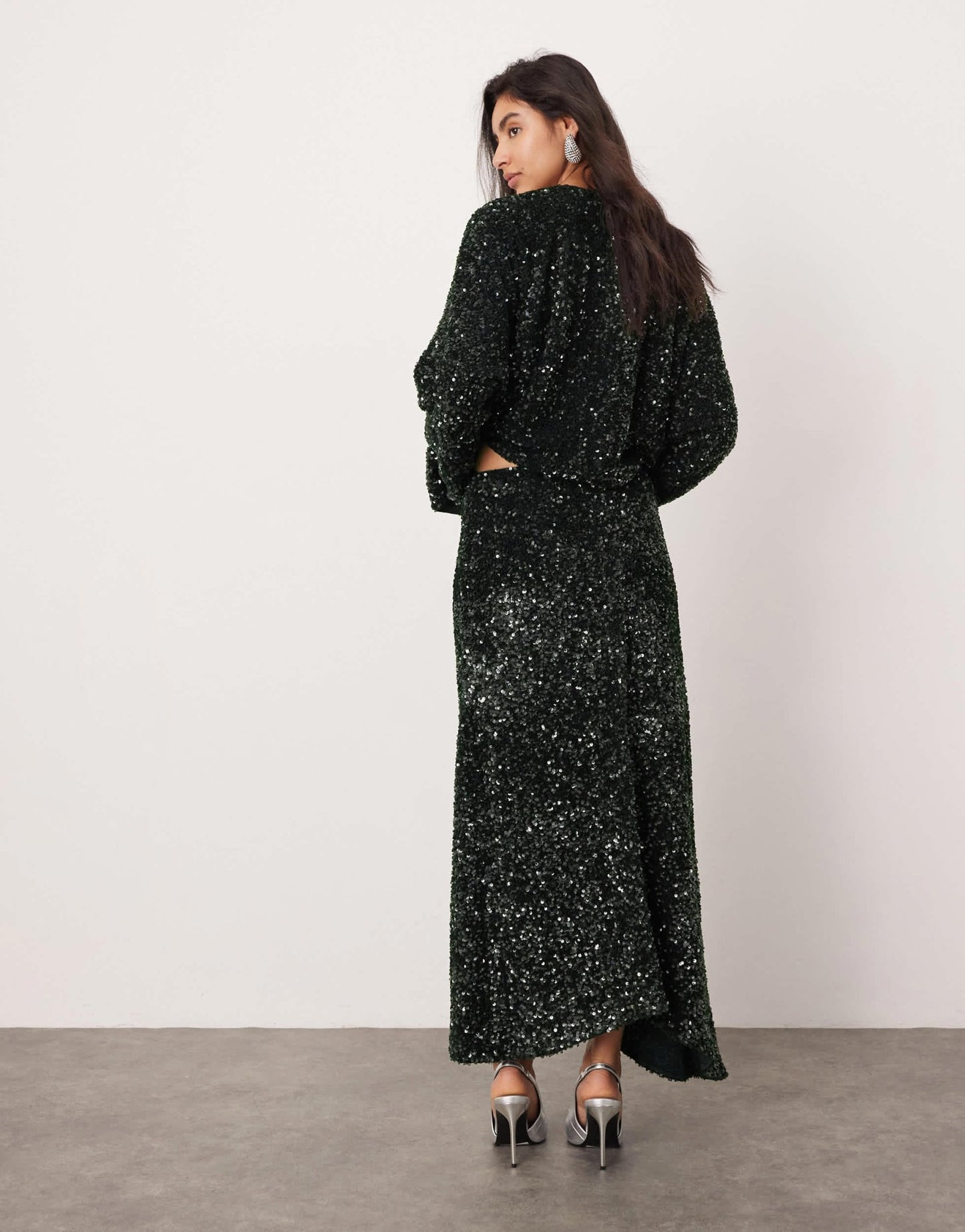 ASOS EDITION velvet allover sequin asymmetric hem skirt co - ord in dark green - ASOS Sample Sale EU Store