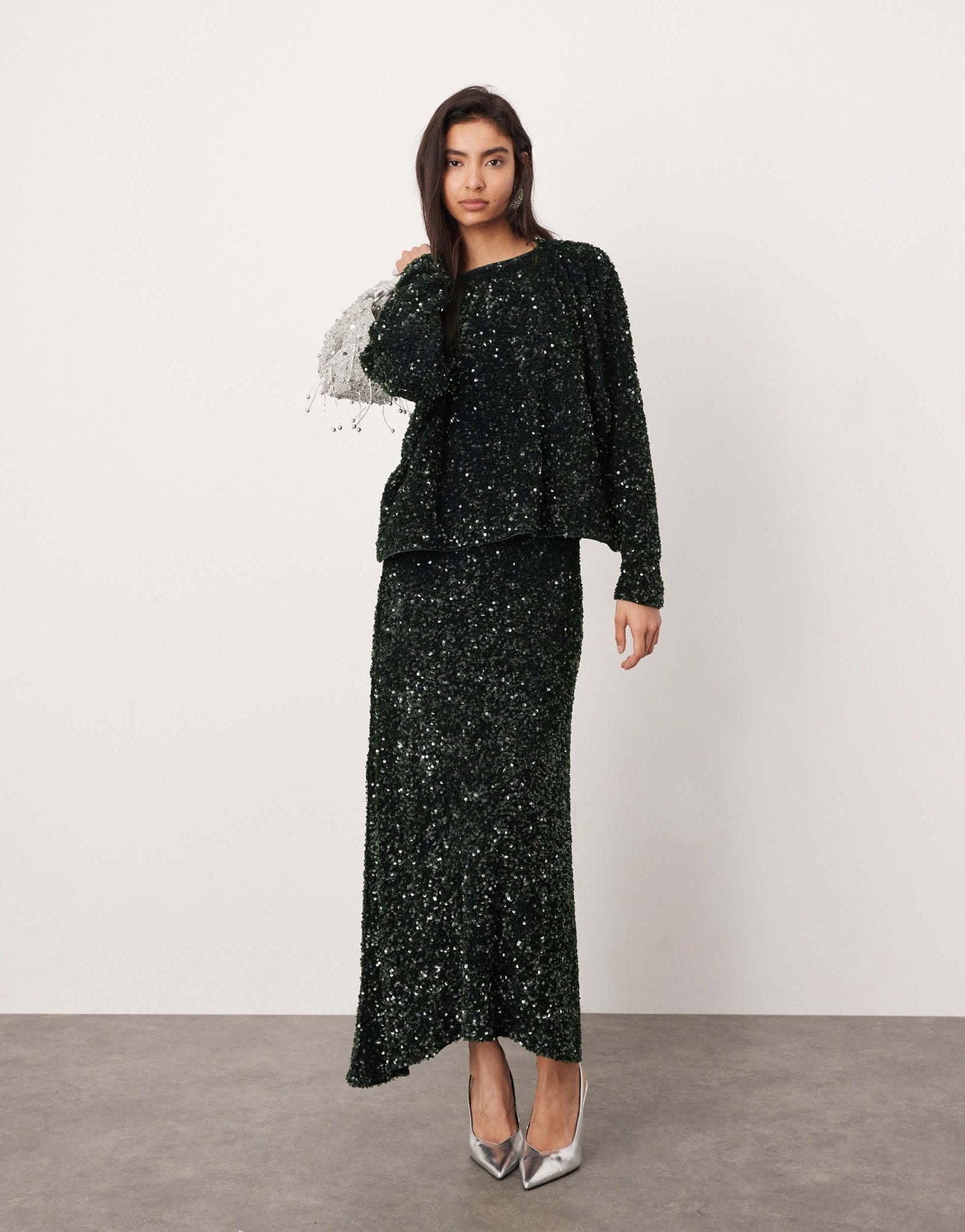 ASOS EDITION velvet allover sequin asymmetric hem skirt co - ord in dark green - ASOS Sample Sale EU Store