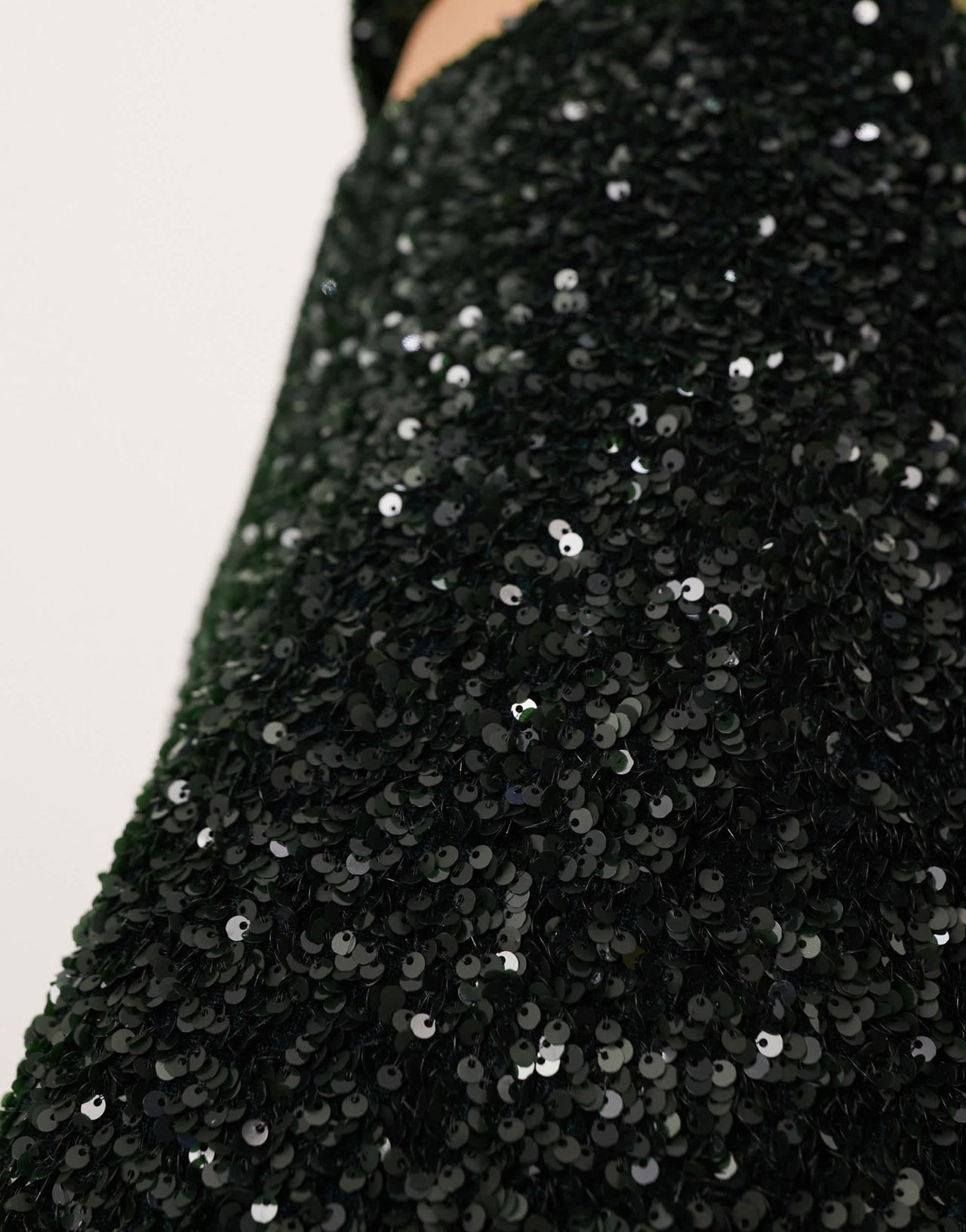ASOS EDITION velvet allover sequin asymmetric hem skirt co - ord in dark green - ASOS Sample Sale EU Store