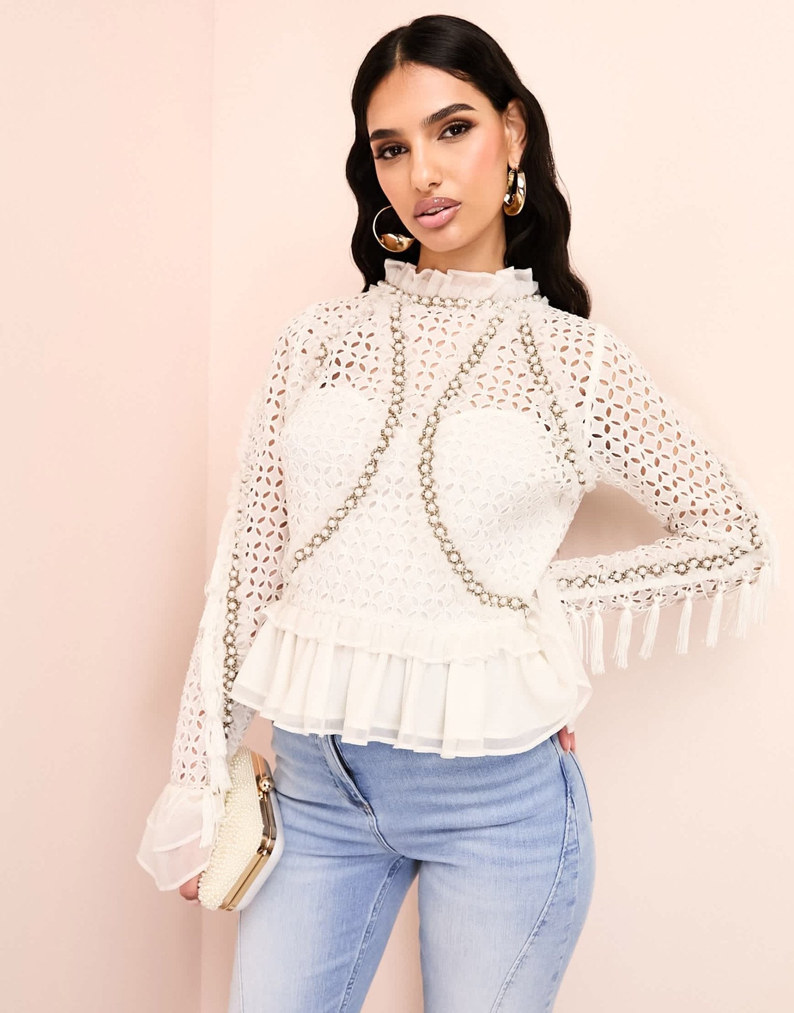 ASOS LUXE 3D floral embellished cotton broderie top with organza peplum hem in white - ASOS Sample Sale EU Store