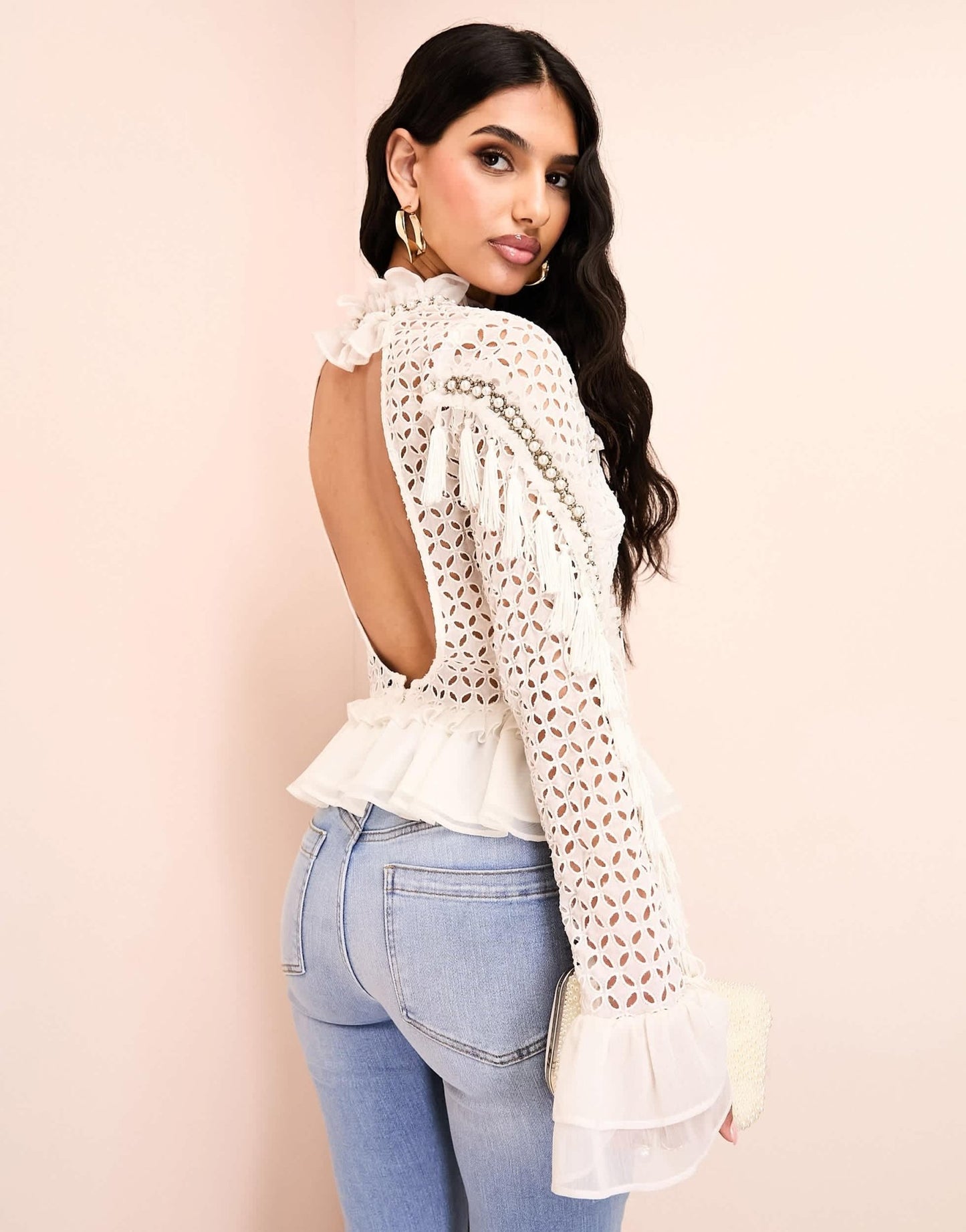 ASOS LUXE 3D floral embellished cotton broderie top with organza peplum hem in white - ASOS Sample Sale EU Store