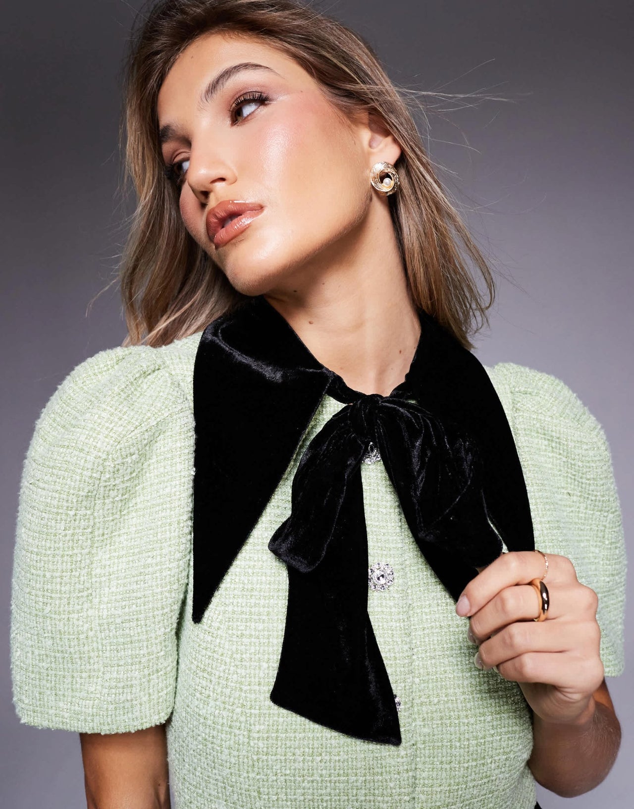 ASOS LUXE boucle and velvet puff sleeve top co - ord in olive - ASOS Sample Sale EU Store