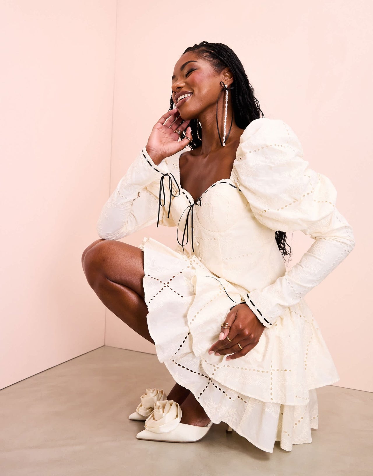 ASOS LUXE broderie corseted mini dress with black tie detail in white - ASOS Sample Sale EU Store