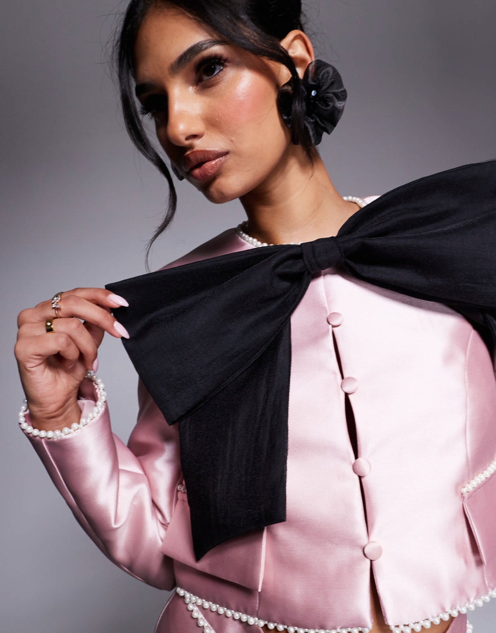 ASOS LUXE co - ord bow blazer with pearl trim in pink - ASOS Sample Sale EU Store