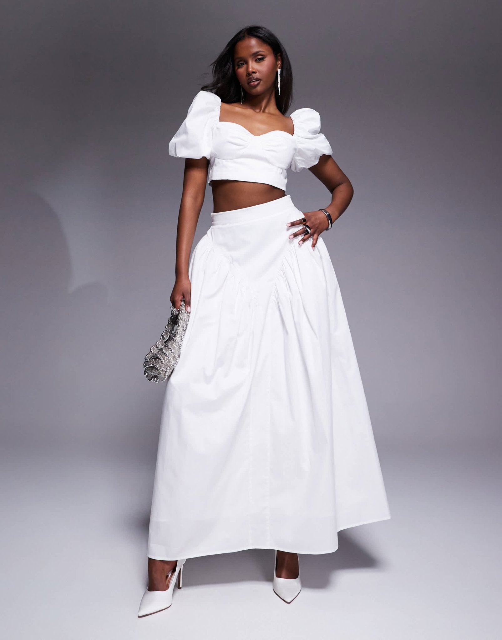 ASOS LUXE co - ord cotton sateen exaggerated maxi skirt with bow back in white - ASOS Sample Sale EU Store