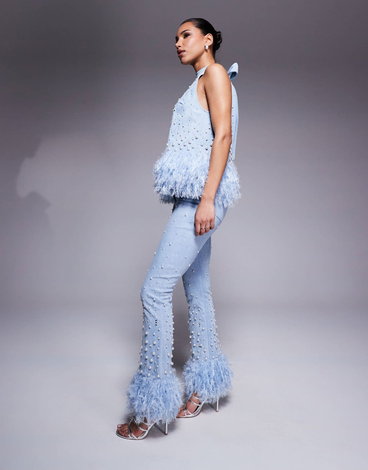 ASOS LUXE co - ord embellished pearl denim jean with faux feather hem in blue - ASOS Sample Sale EU Store