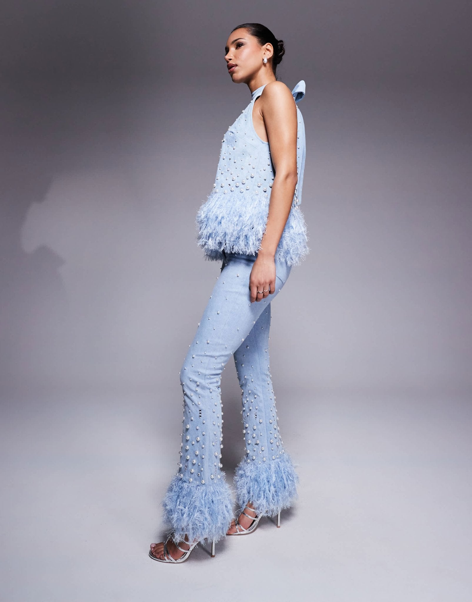 ASOS LUXE co - ord embellished pearl denim jean with faux feather hem in blue - ASOS Sample Sale EU Store