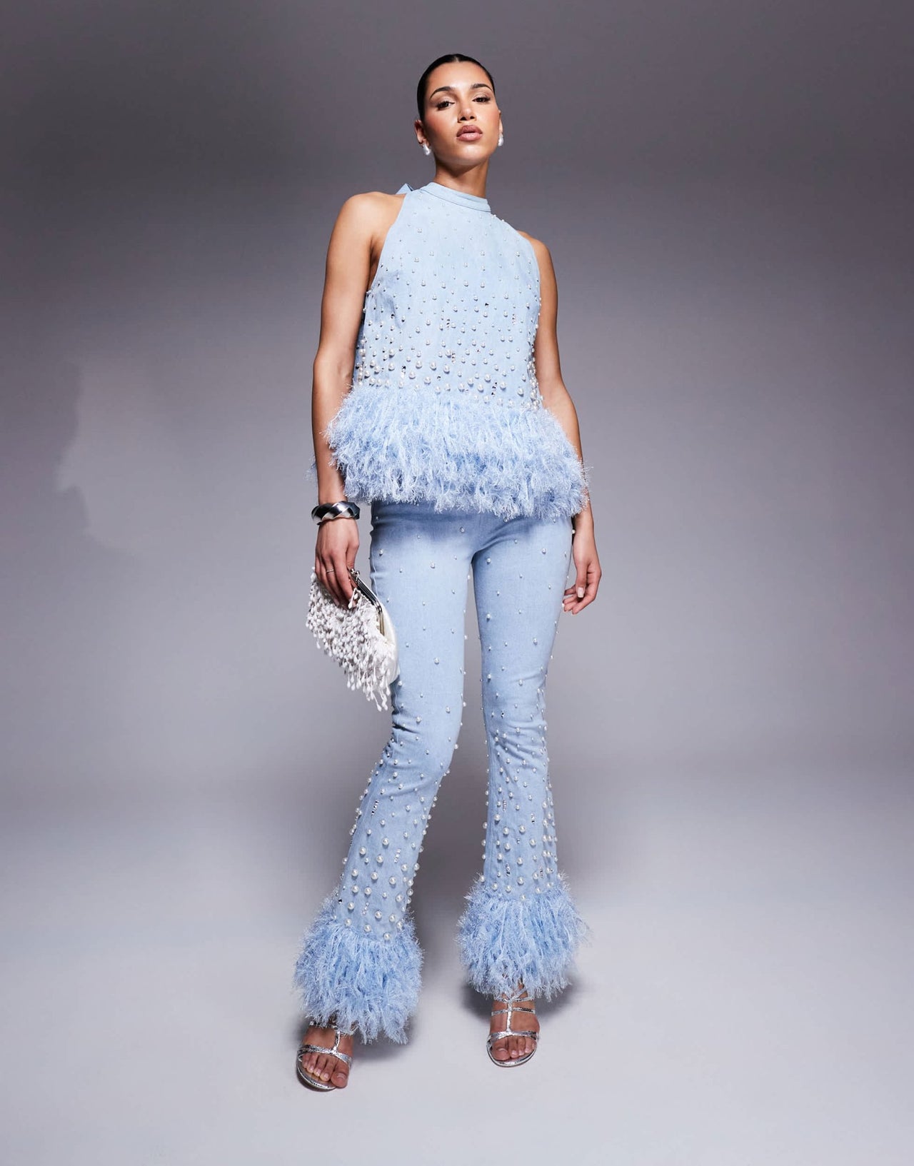 ASOS LUXE co - ord embellished pearl denim jean with faux feather hem in blue - ASOS Sample Sale EU Store