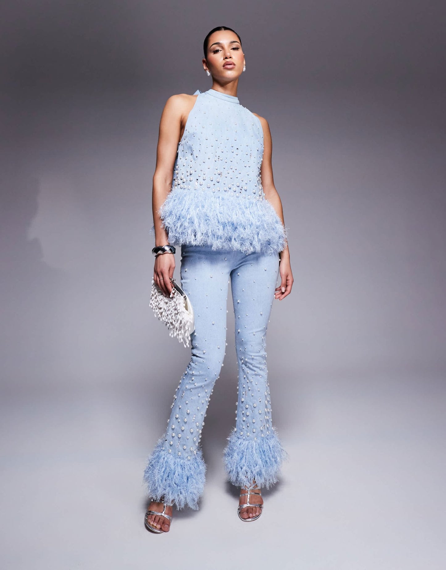 ASOS LUXE co - ord embellished pearl denim jean with faux feather hem in blue - ASOS Sample Sale EU Store