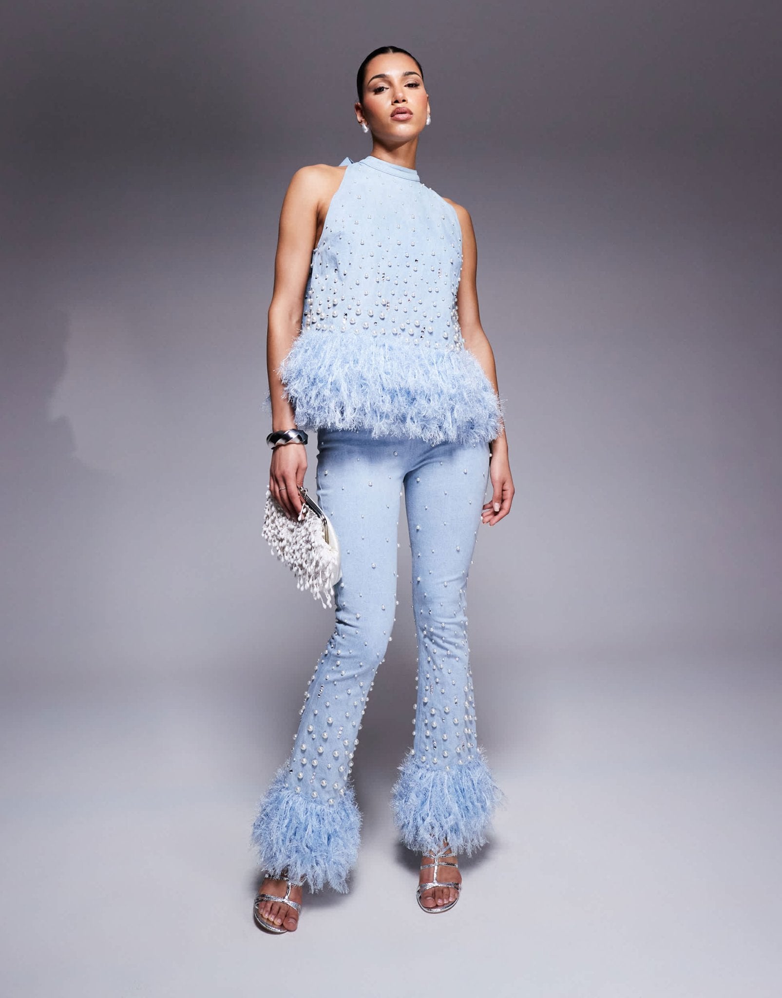 ASOS LUXE co - ord embellished pearl denim jean with faux feather hem in blue - ASOS Sample Sale EU Store