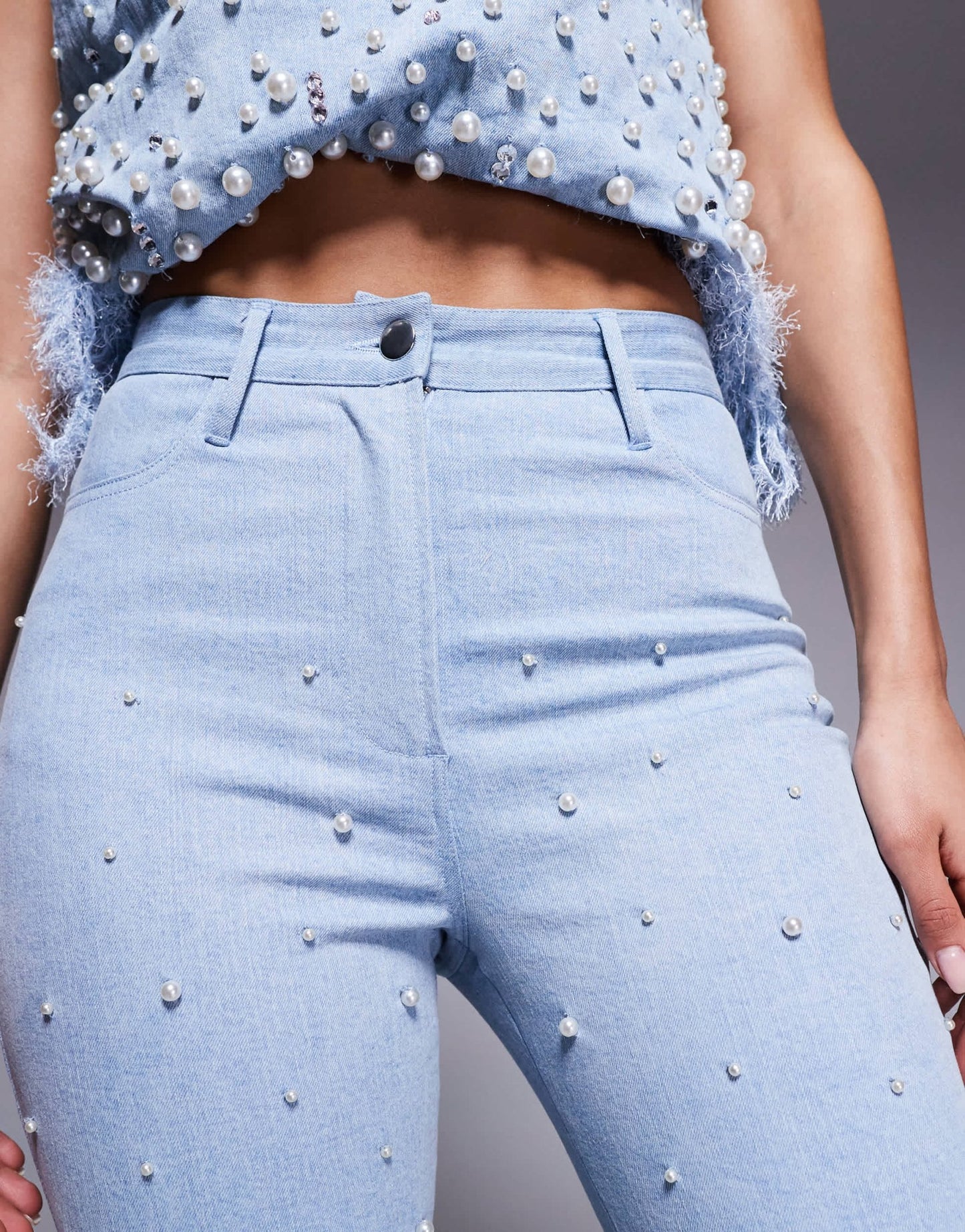 ASOS LUXE co - ord embellished pearl denim jean with faux feather hem in blue - ASOS Sample Sale EU Store