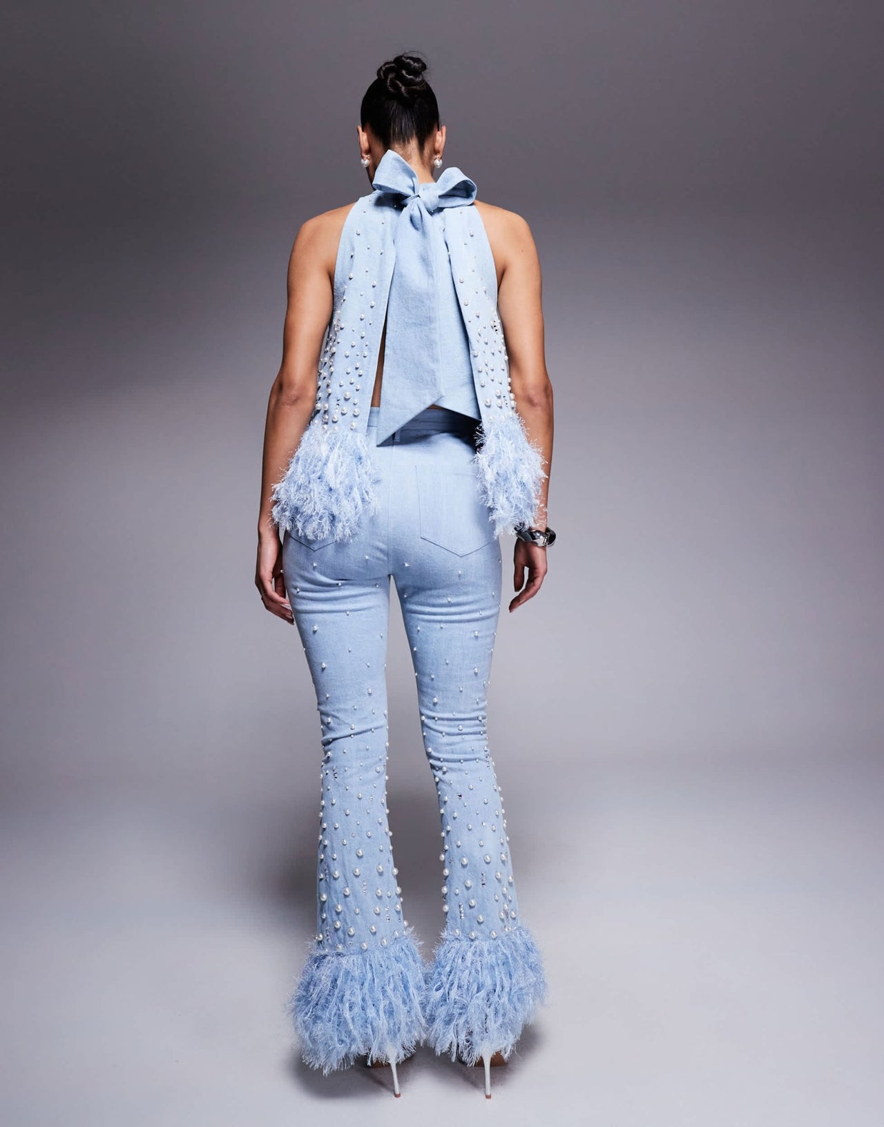 ASOS LUXE co - ord embellished pearl denim jean with faux feather hem in blue - ASOS Sample Sale EU Store