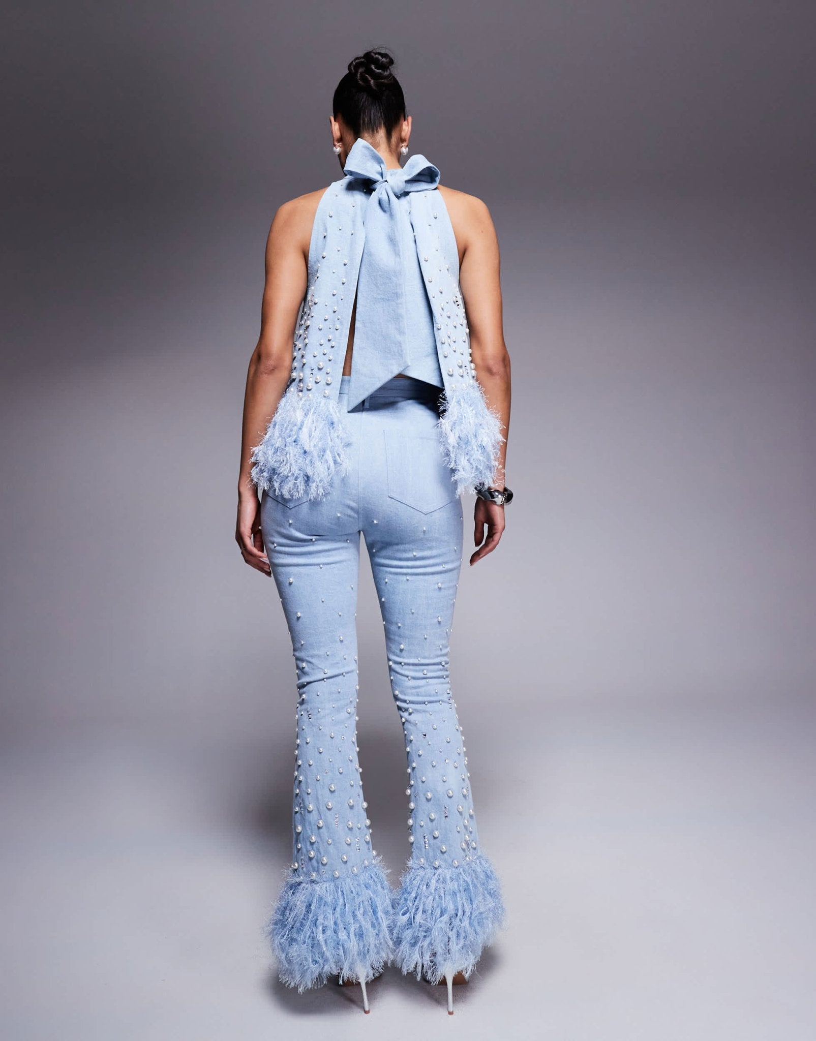 ASOS LUXE co - ord embellished pearl denim jean with faux feather hem in blue - ASOS Sample Sale EU Store